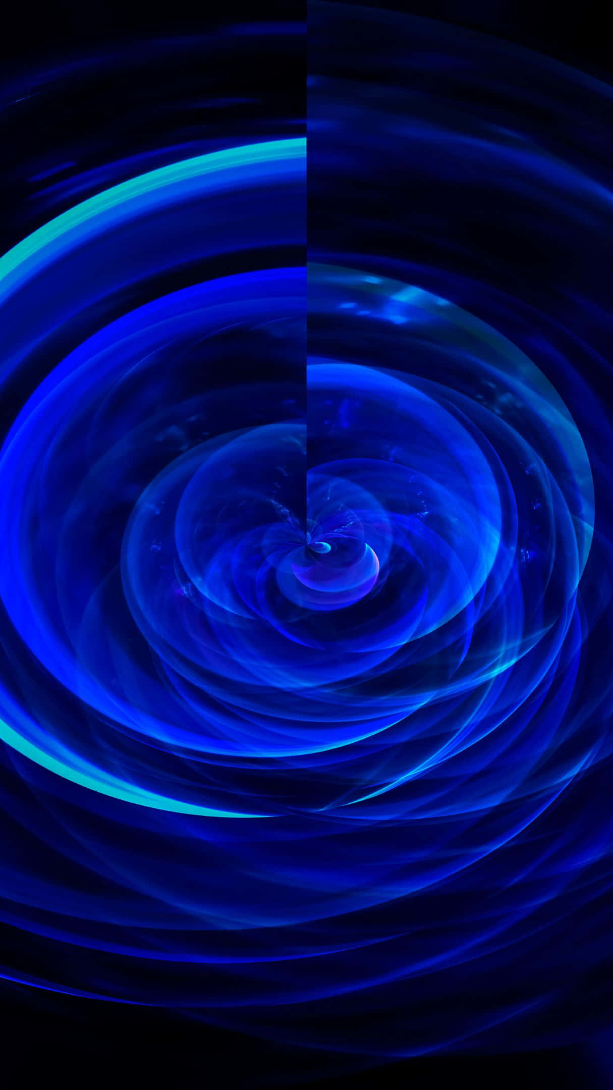 Blue Swirl 桌布 壁紙 — 令人著迷的數位電光藍色螺旋向黑色虛空內旋轉，產生催眠漩渦效果。
