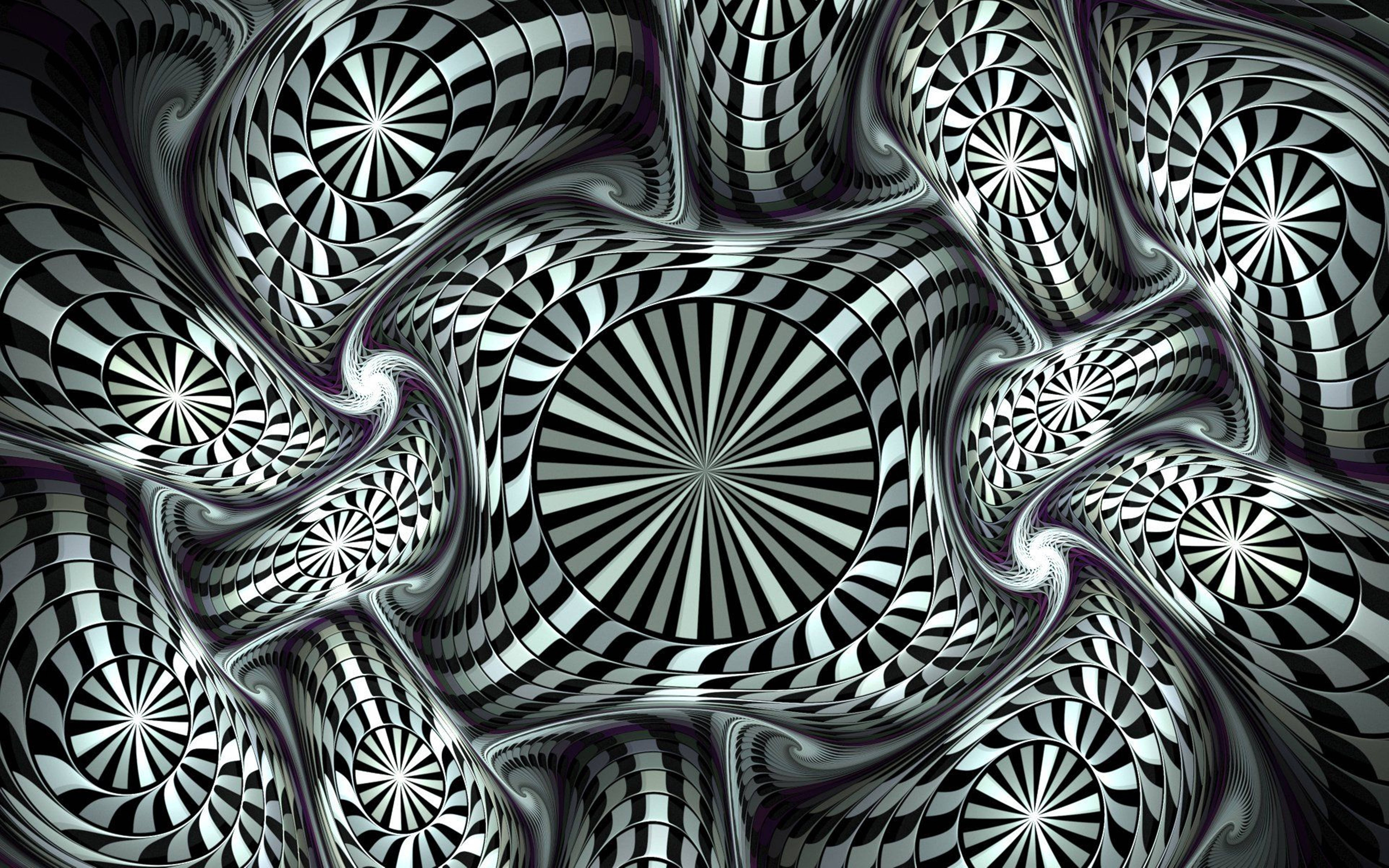 3D 桌布 壁紙 — 令人著迷的黑白錯視效果，帶有旋轉的放射狀圖案和光澤紫色點綴，營造出催眠般的3D效果。