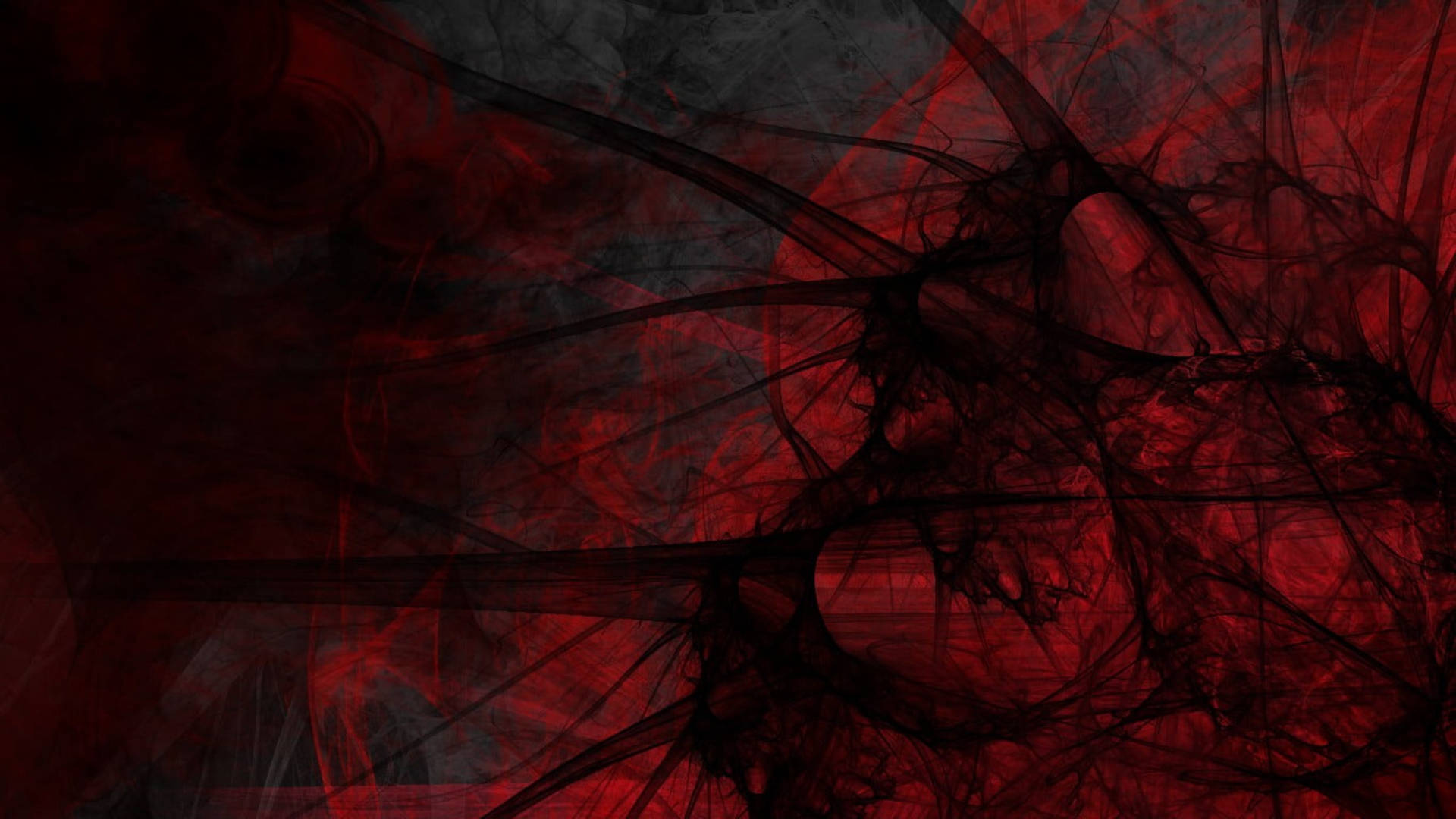 Red Abstract 桌布 壁紙 — 令人難忘的抽象構圖，由旋轉的紅色和黑色碎形圖案組成，帶有煙灰色底色。