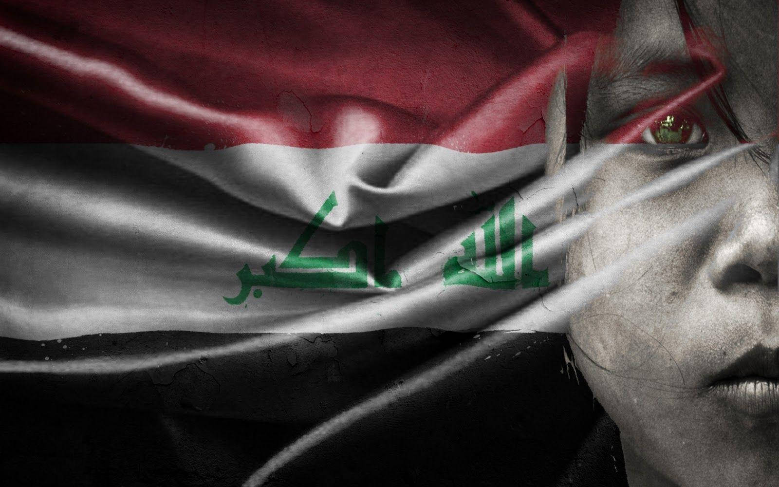 Iraq 桌布 壁紙 — 令人難忘的特寫，一張人的臉部分被飄揚的伊拉克國旗遮擋，帶有戲劇性的燈光和裂紋質感。
