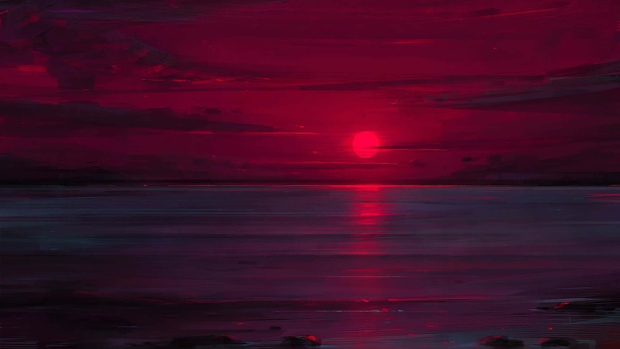 Sunset Painting 桌布 壁紙 — 令人難忘的紅色夕陽在平靜的深色水面上閃耀，可見的筆觸營造出陰鬱的氛圍場景。