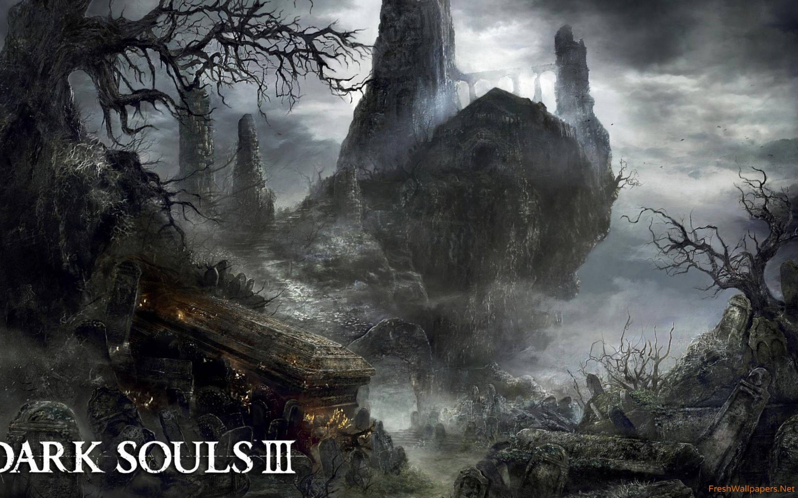 Dark Souls 3 桌布 壁紙 — 令人難忘的黑暗靈魂 III 景觀，有崩塌的石頭廢墟、多節的樹木和暴風雨天空下發光的棺材。