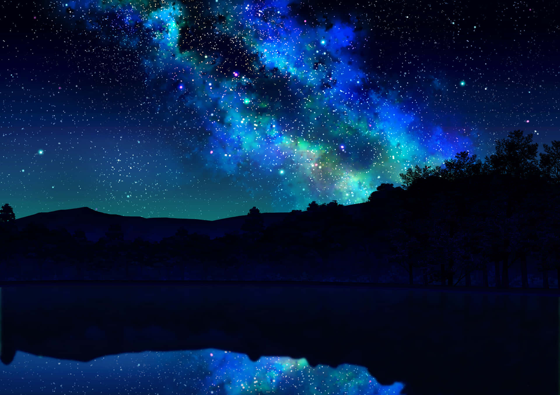 桌布 壁紙 — 令人驚嘆的夜空，充滿了充滿活力的藍色和藍綠色星雲和星星，完美地倒映在下方平靜的湖面上。
