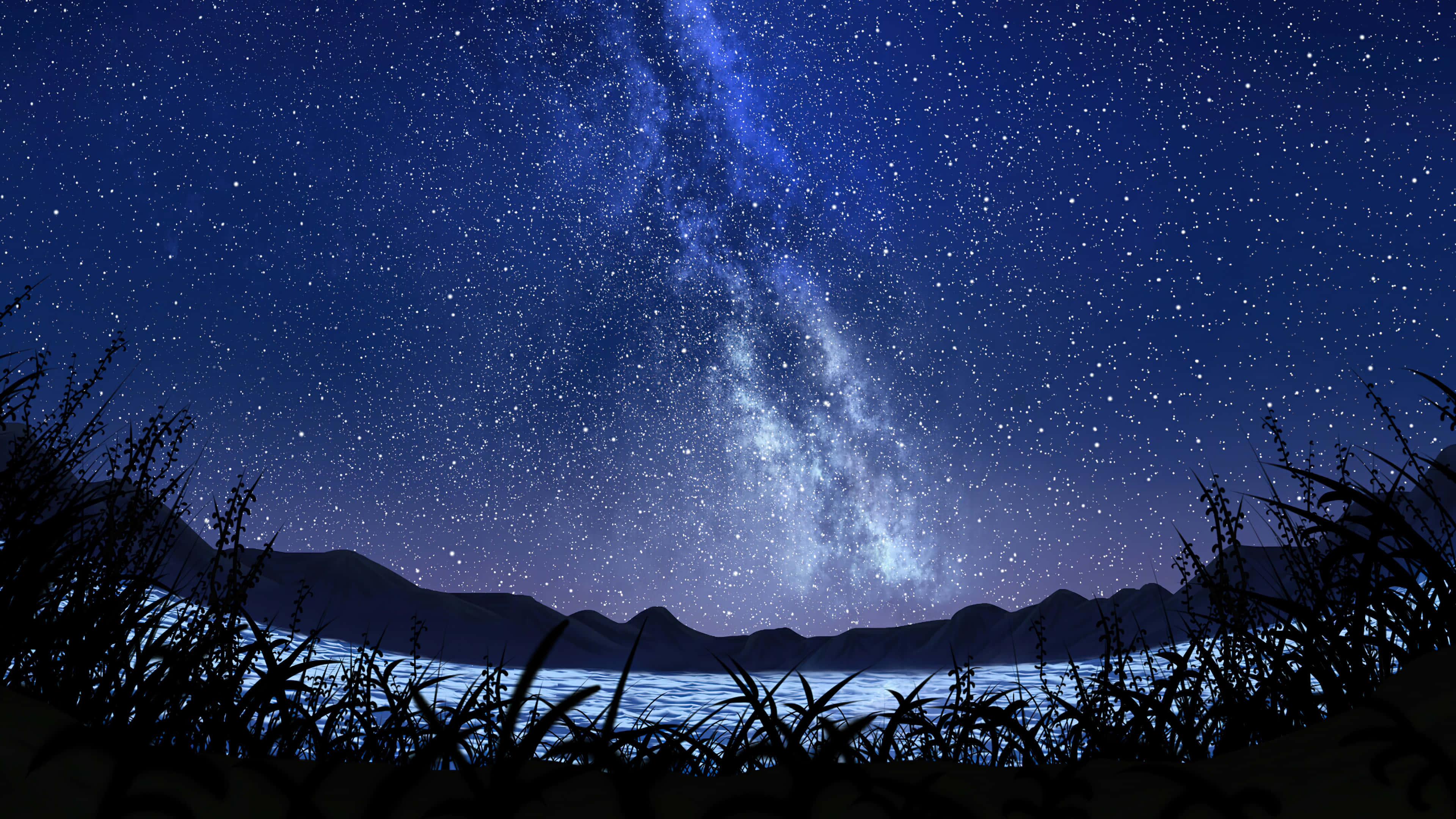 夜空 桌布 壁紙 — 令人驚嘆的夜空，滿天繁星和銀河拱橋在平靜的湖面上，襯托著山脈和草叢的剪影。