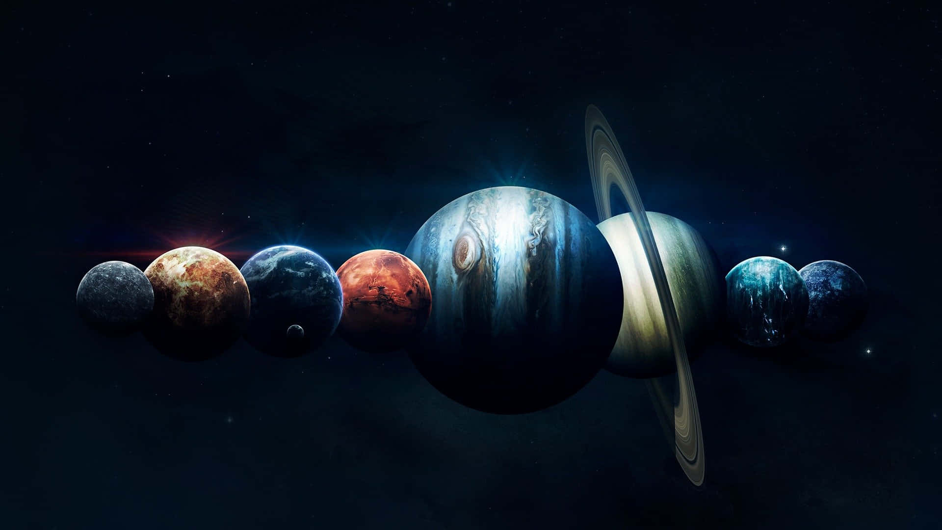 太陽系 桌布 壁紙 — 令人驚嘆的彩色行星陣容，包括木星和土星，以星空宇宙為背景。
