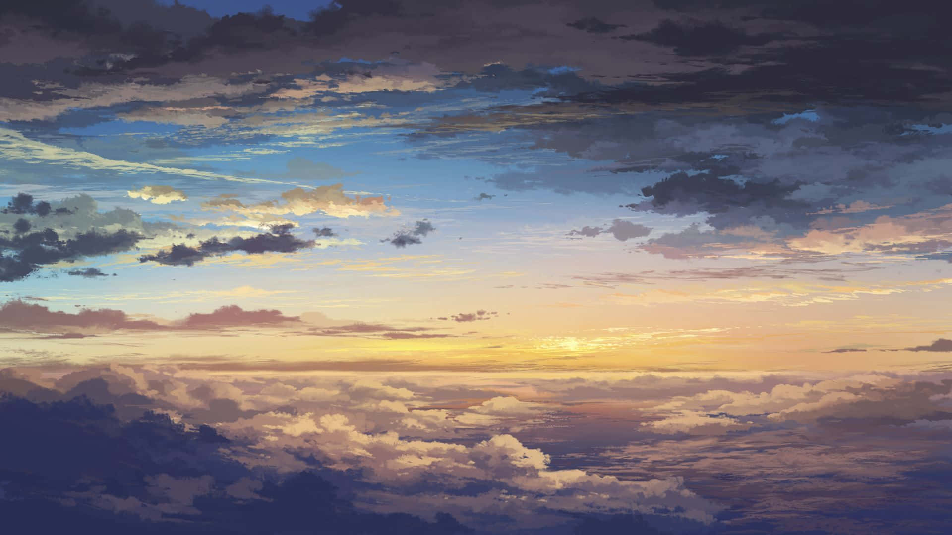 Anime Sky 桌布 壁紙 — 令人驚嘆的日落將天空染成溫暖的金色和柔和的紫色，雲彩在地平線上飄移。
