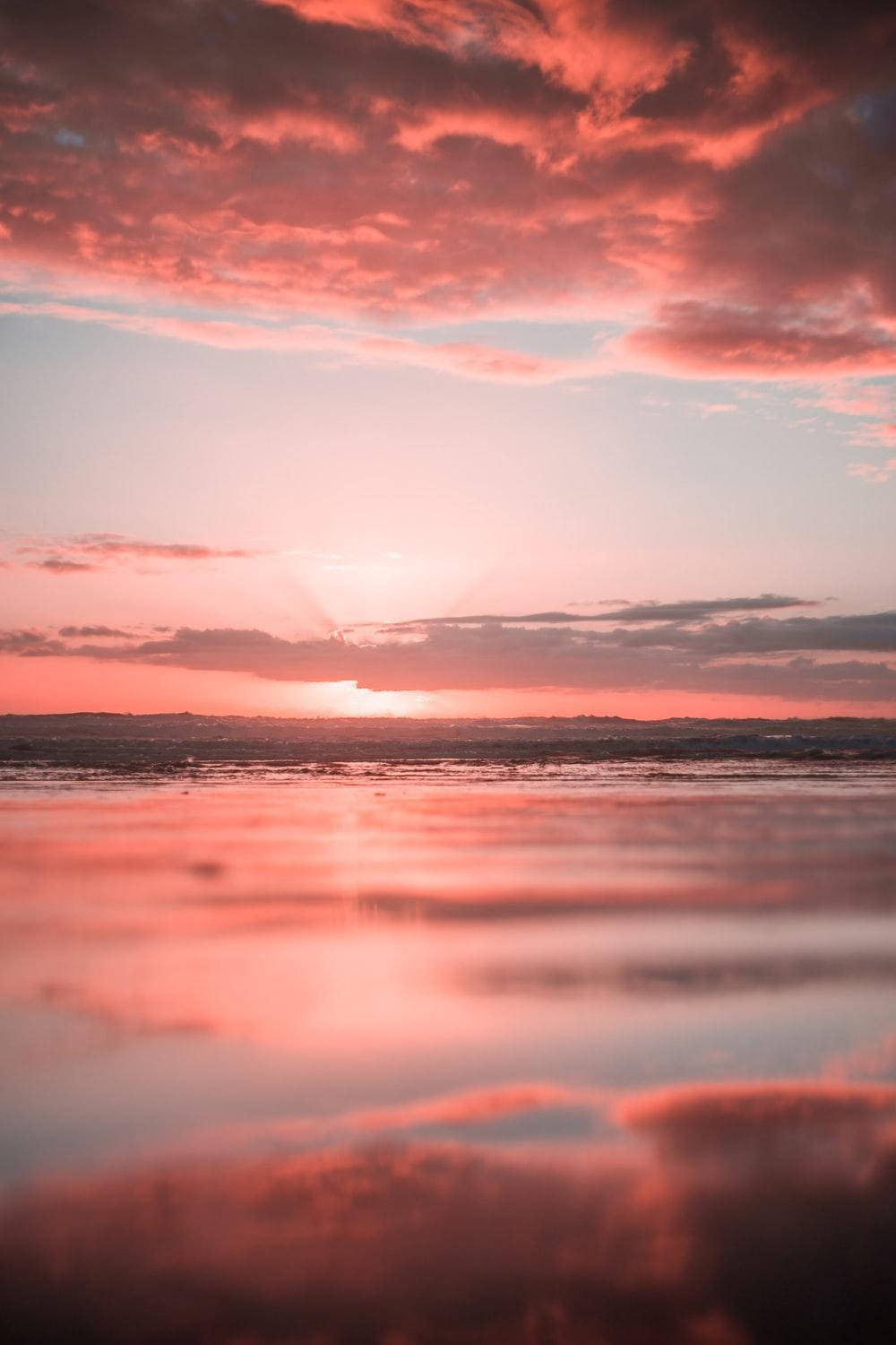 Sunset iPhone 桌布 壁紙 — 令人驚嘆的日落用火熱的珊瑚色和柔和的薰衣草色調在平靜的海洋地平線上描繪天空和水面。