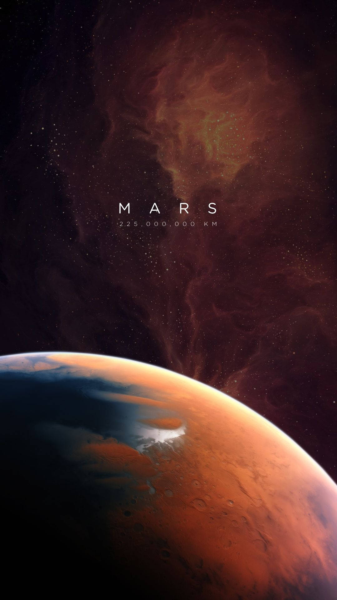 Mars 桌布 壁紙 — 令人驚嘆的火星升起景象，背景是繁星點點的宇宙，有旋轉的星雲和指示其距離的文字。