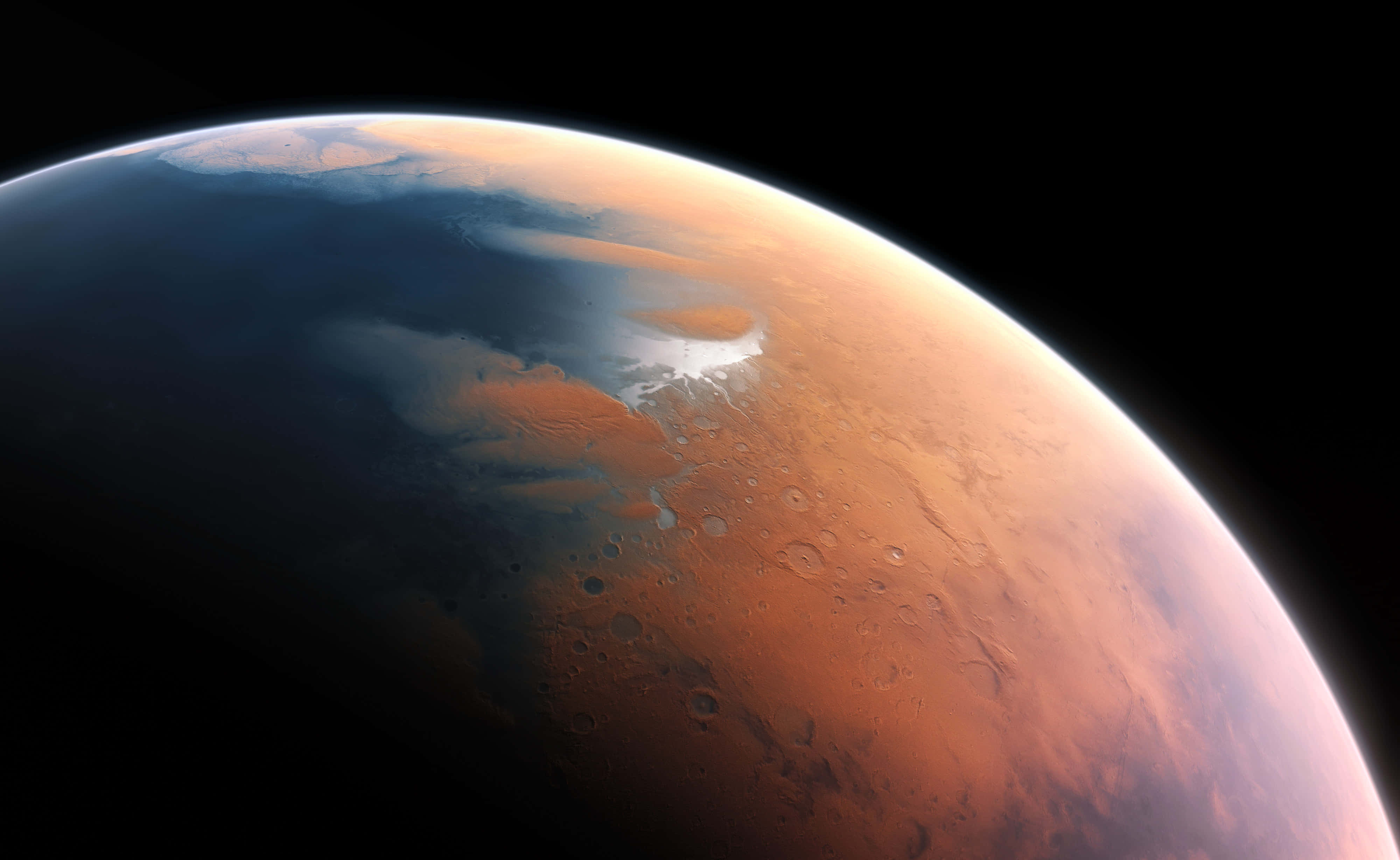 Mars Planet 桌布 壁紙 — 令人驚嘆的火星景觀，展示其鏽橙色表面，點綴著隕石坑和極地冰蓋，在黑色虛空之下。