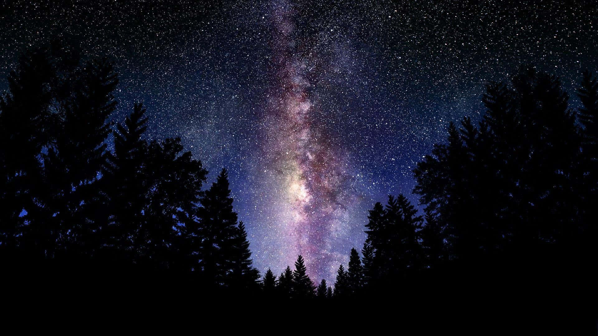 High Resolution Galaxy 桌布 壁紙 — 令人驚嘆的銀河系景觀，在黑暗森林剪影上方閃耀著紫色和藍色色調。