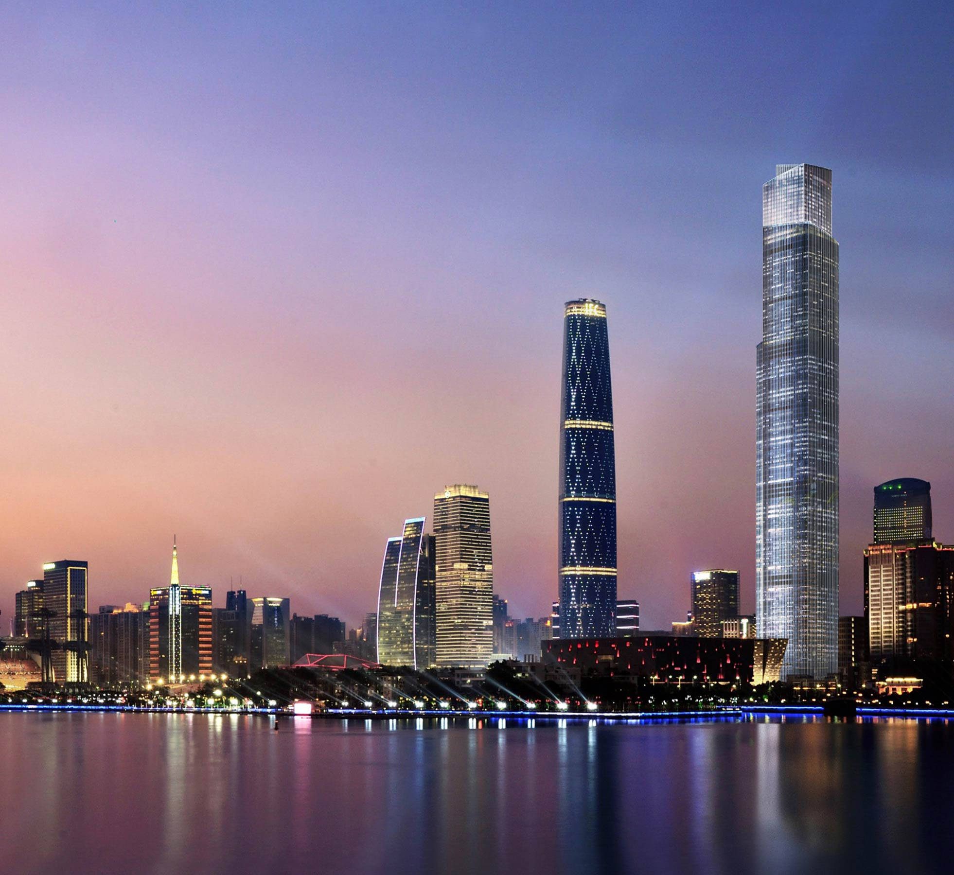 Guangzhou 桌布 壁紙 — 令人驚嘆的黃昏城市景觀，在柔和紫色和粉紅色天空下，燈火通明的摩天大樓倒映在平靜的水面上。
