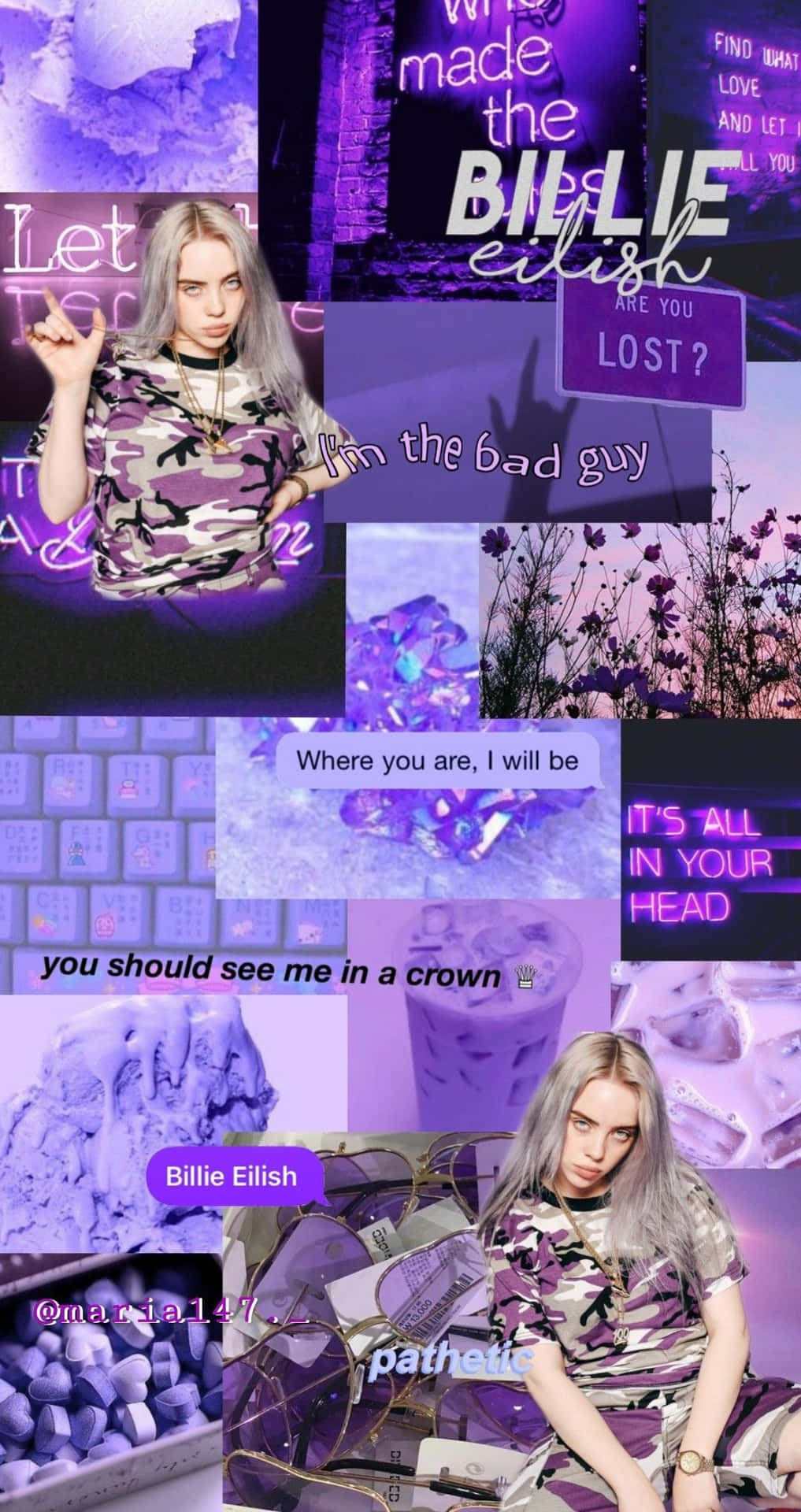 Billie Eilish Purple 桌布 壁紙 — 以 Billie Eilish 為特色的充滿活力的紫色主題拼貼畫，帶有霓虹文字歌詞和抽象視覺效果。