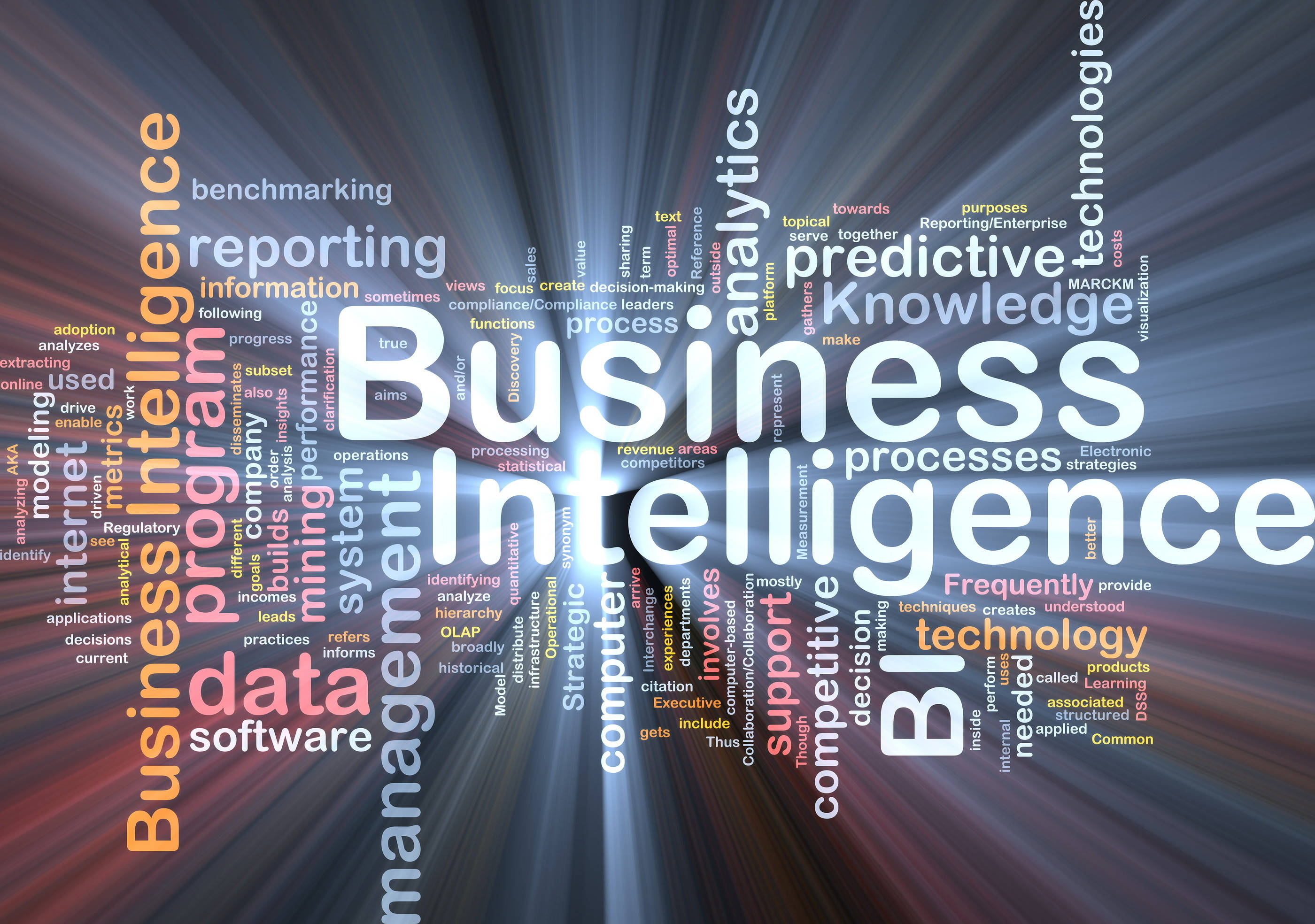 商業 桌布 壁紙 — 以 'Business Intelligence' 為中心的輻射狀詞雲，相關術語以鮮豔色彩在深色背景上向外爆發。