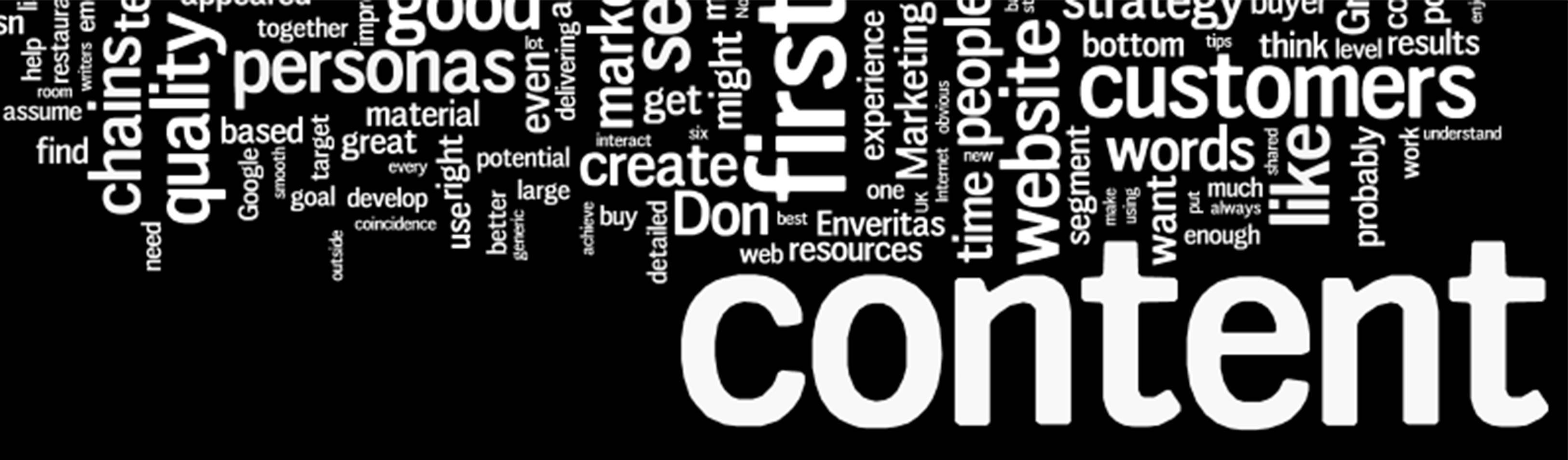 Idea 桌布 壁紙 — 以「content」為中心的粗體白色文字雲，相關行銷術語在黑色背景上漂浮。