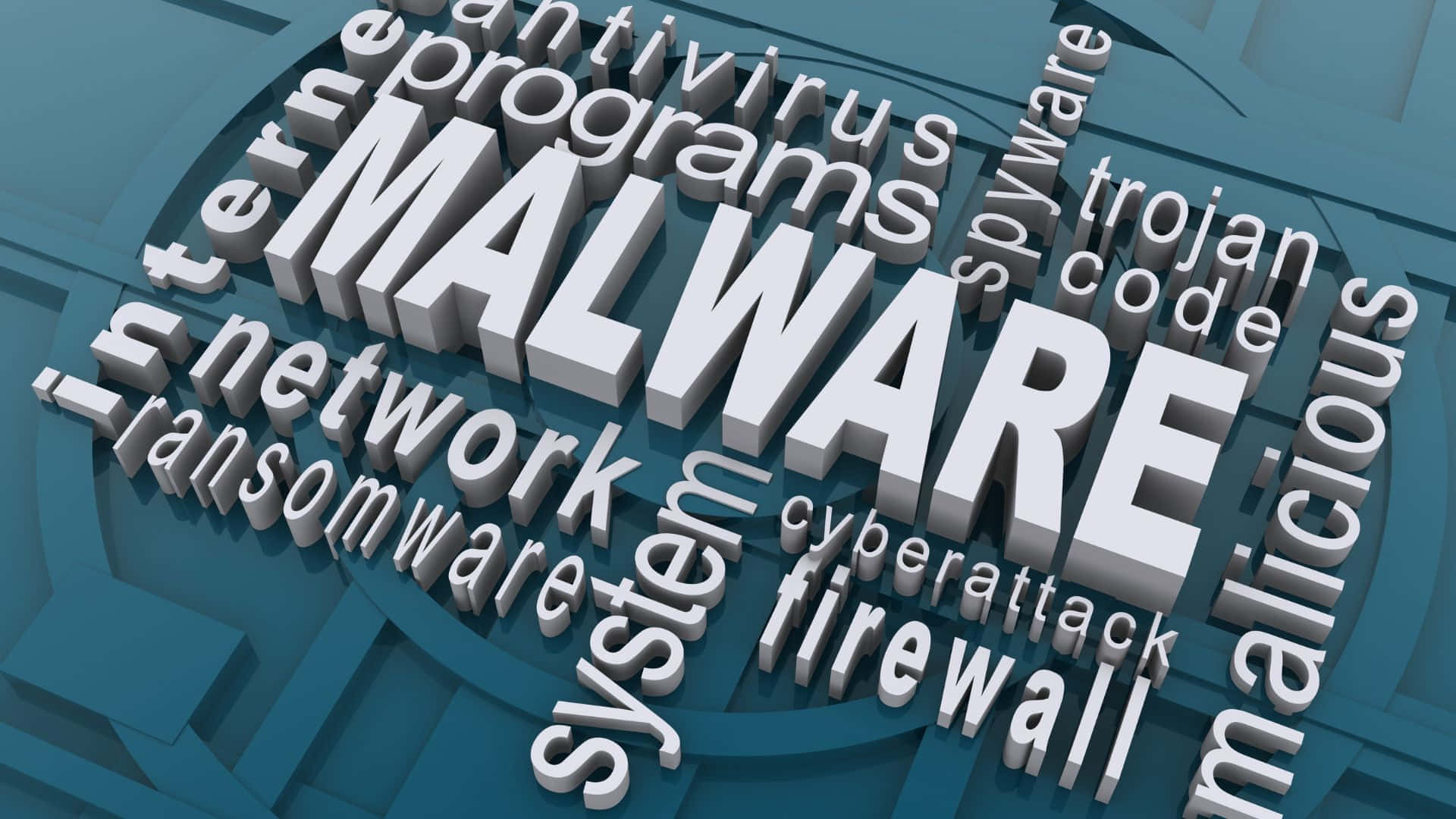 黑客 桌布 壁紙 — 以「MALWARE」為中心的3D渲染文字雲，包含勒索軟體和防火牆等相關網路威脅，以金屬字體呈現，背景為青綠色數位背景。