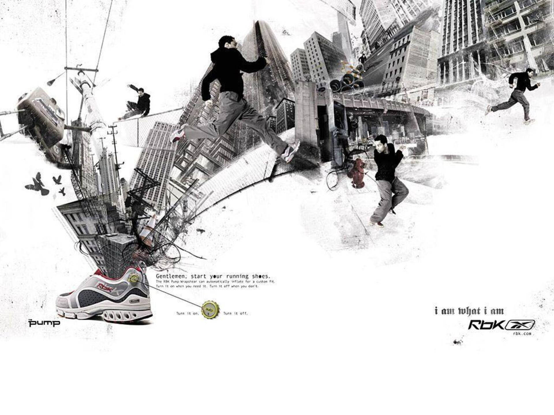 Reebok 桌布 壁紙 — 以 Reebok Pump 運動鞋為中心，跑者跳過破碎城市景觀的超現實黑白拼貼畫。