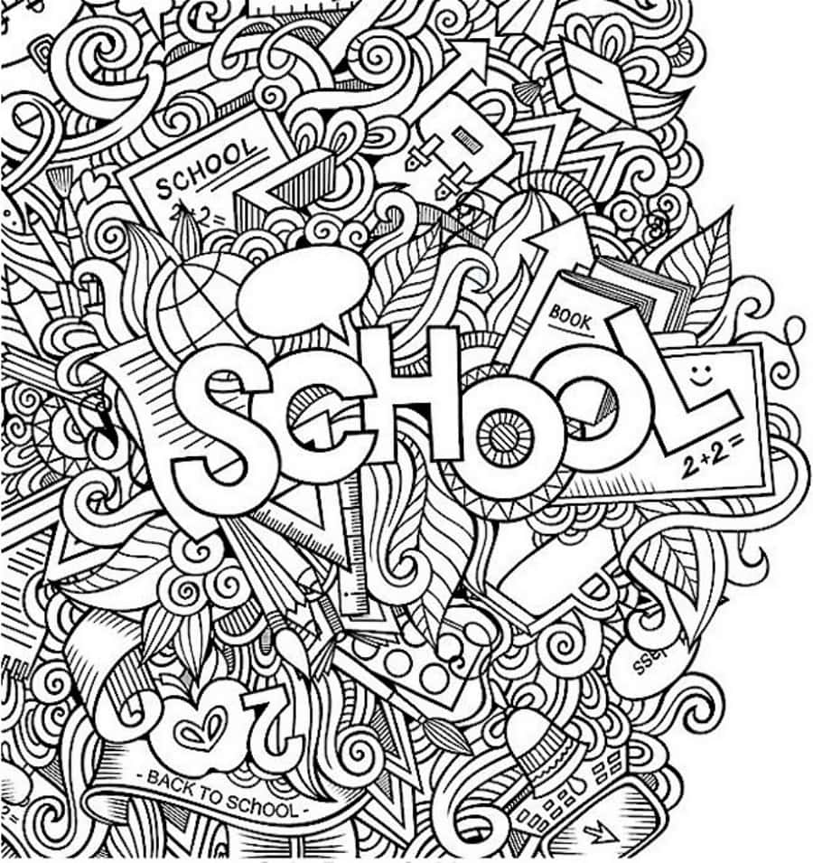 塗鴉動圖 桌布 壁紙 — 以「SCHOOL」一字為中心的黑白塗鴉藝術爆炸，周圍環繞著書籍、地球儀、鉛筆和漩渦圖案。