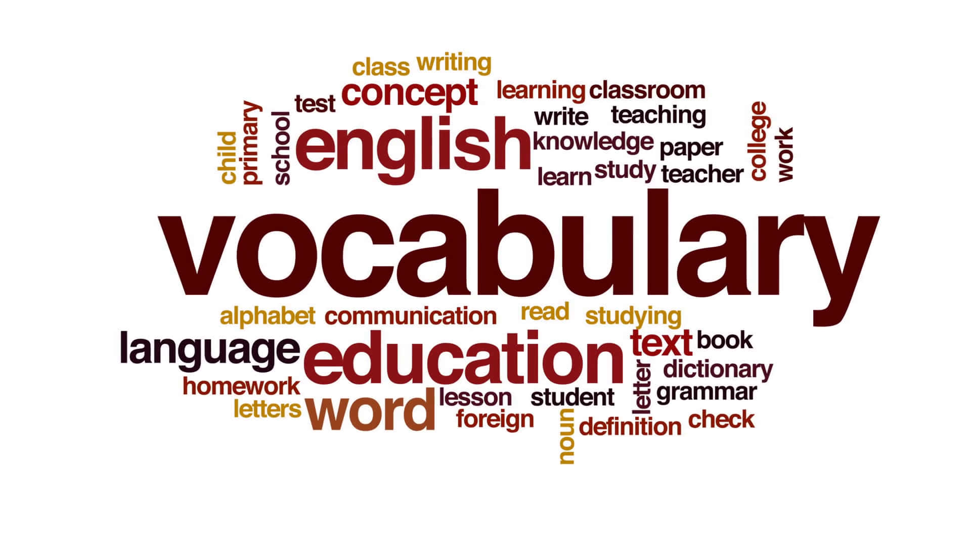 Vocabulary 桌布 壁紙 — 以「vocabulary」為中心的文字雲，包含相關的教育術語如「english」、「education」和「language」，大小和顏色各異。