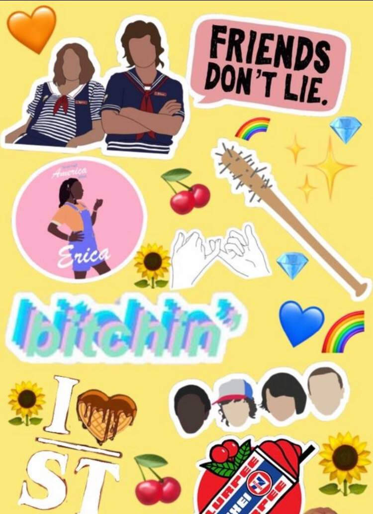 Stranger Things Cute 桌布 壁紙 — 以《怪奇物語》為主題的鮮黃色貼紙拼貼， featuring 角色、名言和流行文化圖標。