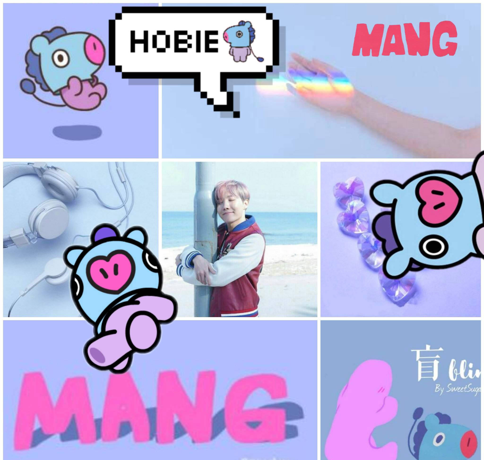 mang bt21 桌布 壁紙 — 以BTS為主題的像素藝術角色和照片的充滿活力的拼貼畫，帶有柔和背景和彩虹色調。