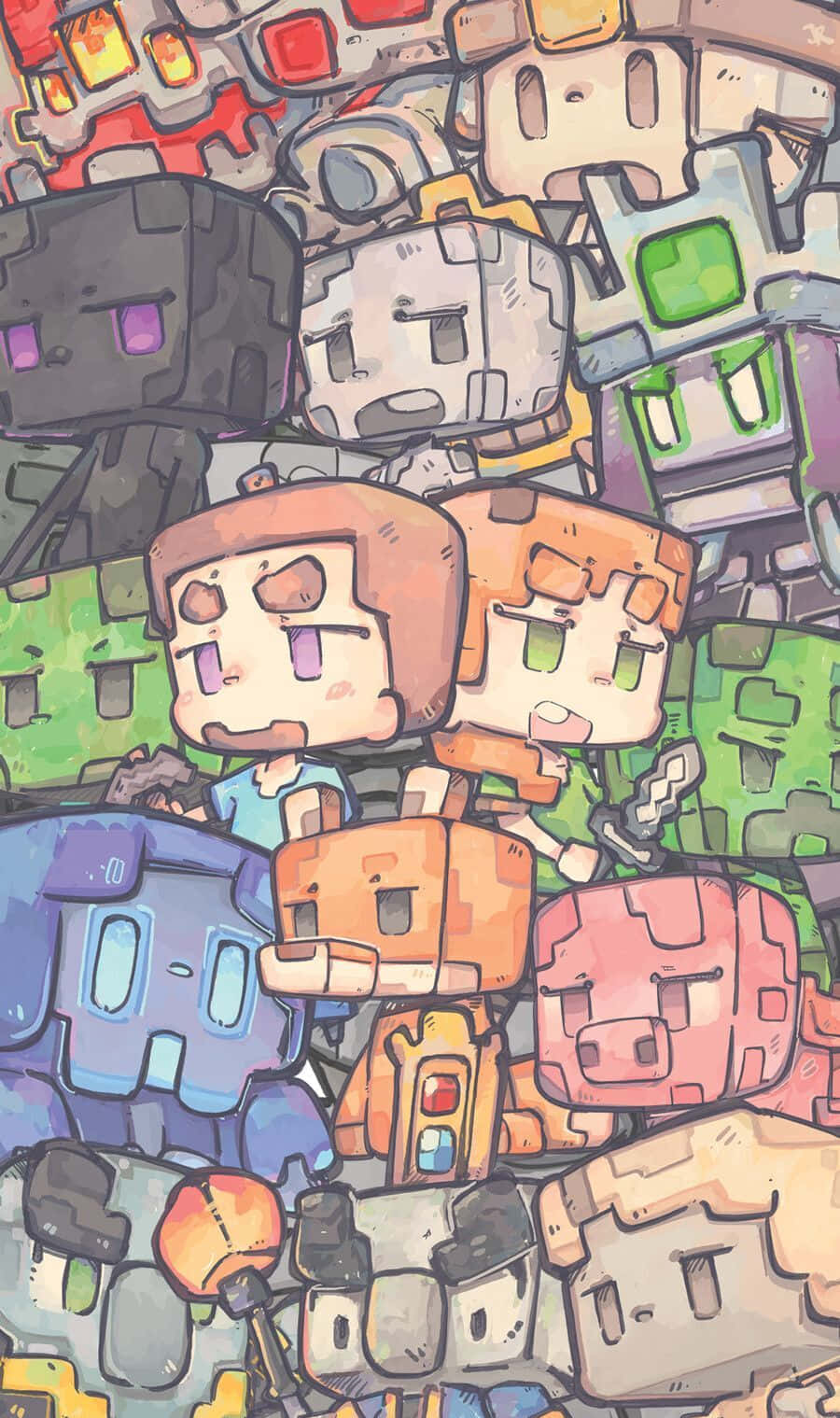 Minecraft Fan Art 桌布 壁紙 — 以Q版風格呈現的Minecraft角色如Steve和Alex，在色彩繽紛的方塊生物中微笑，構成充滿活力的數位插圖。