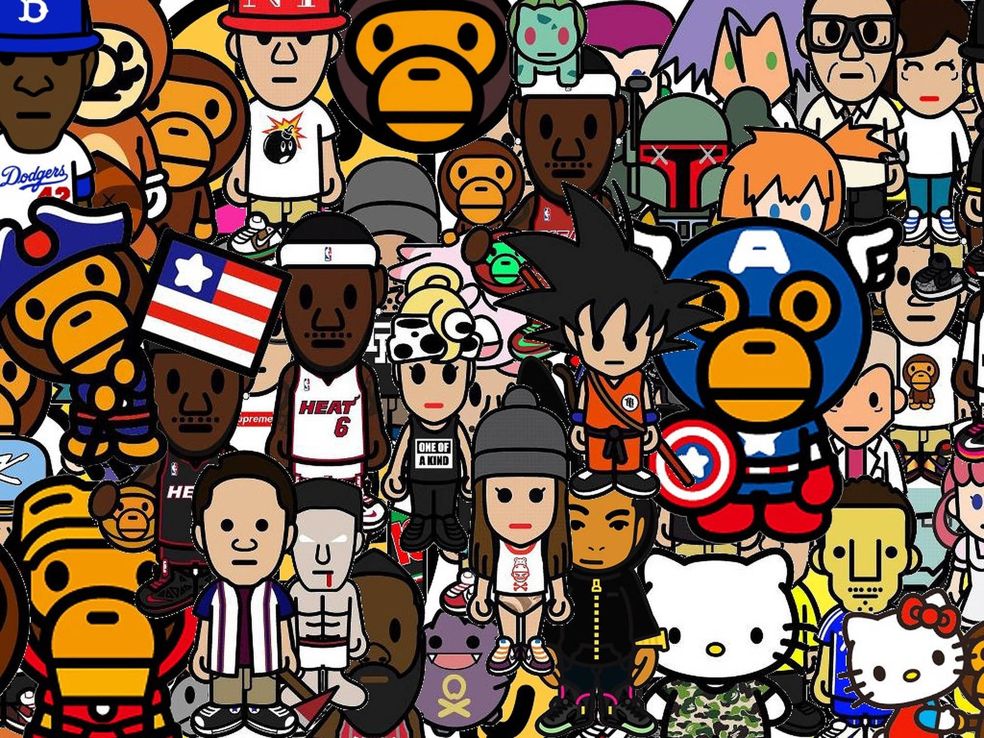Bape Cartoon 桌布 壁紙 — 以Q版風格呈現的密集拼貼畫，包含標誌性卡通和流行文化角色，色彩大膽，表情多樣。