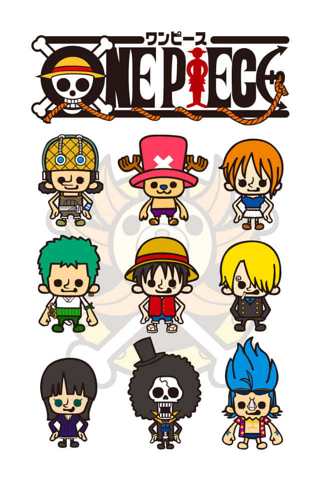 640x960 桌布 壁紙 — 以Q版風格排列的One Piece角色，位於標誌性的骷髏頭與交叉骨標誌下方，帶有繩索裝飾。
