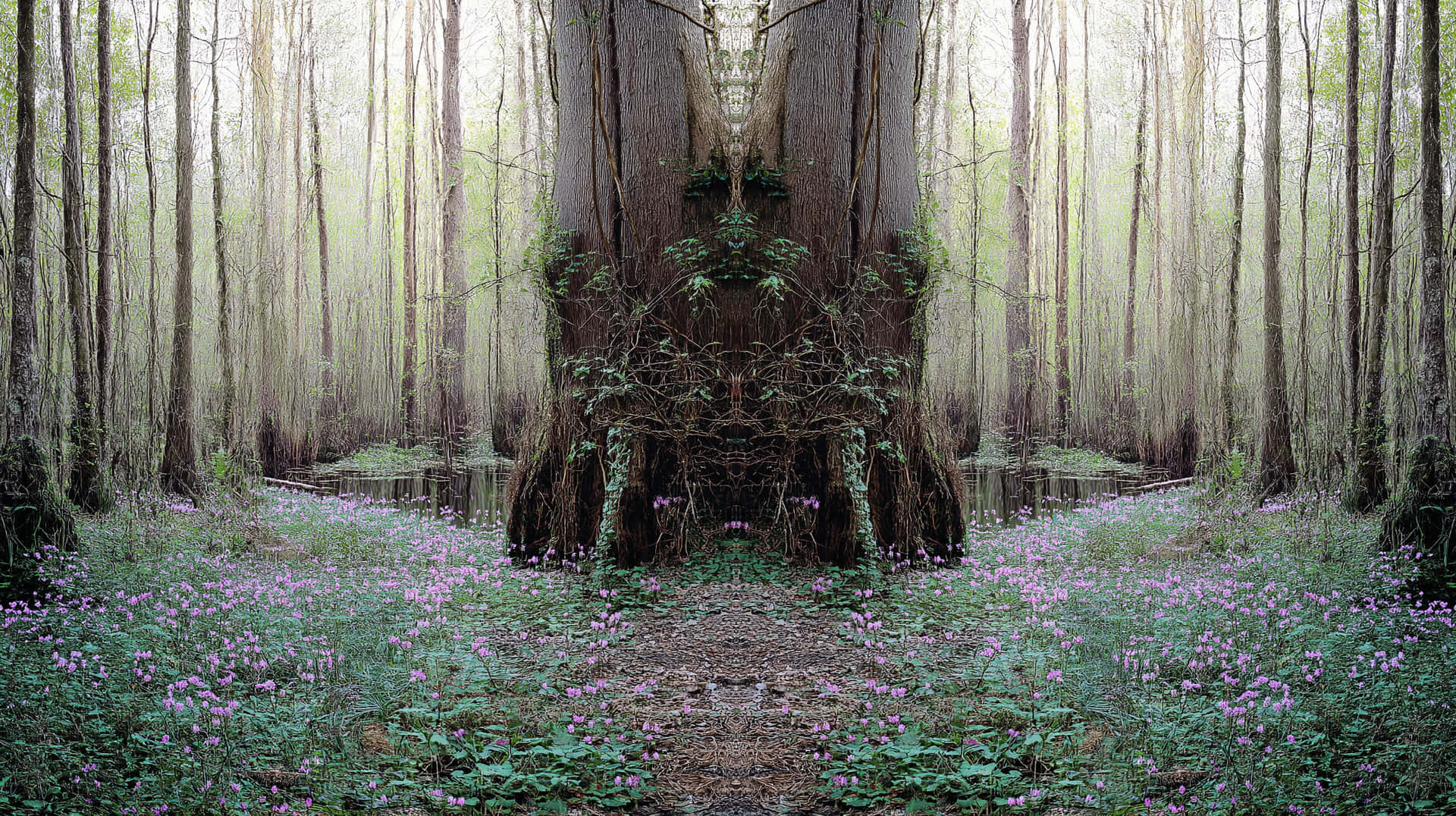 Symmetrical Forest with Floral Ground Cover 壁紙 — 以一棵帶有根和藤蔓的巨大樹木為中心的鏡像森林場景，周圍環繞著紫色花朵和高挑纖細的樹木，光線柔和。