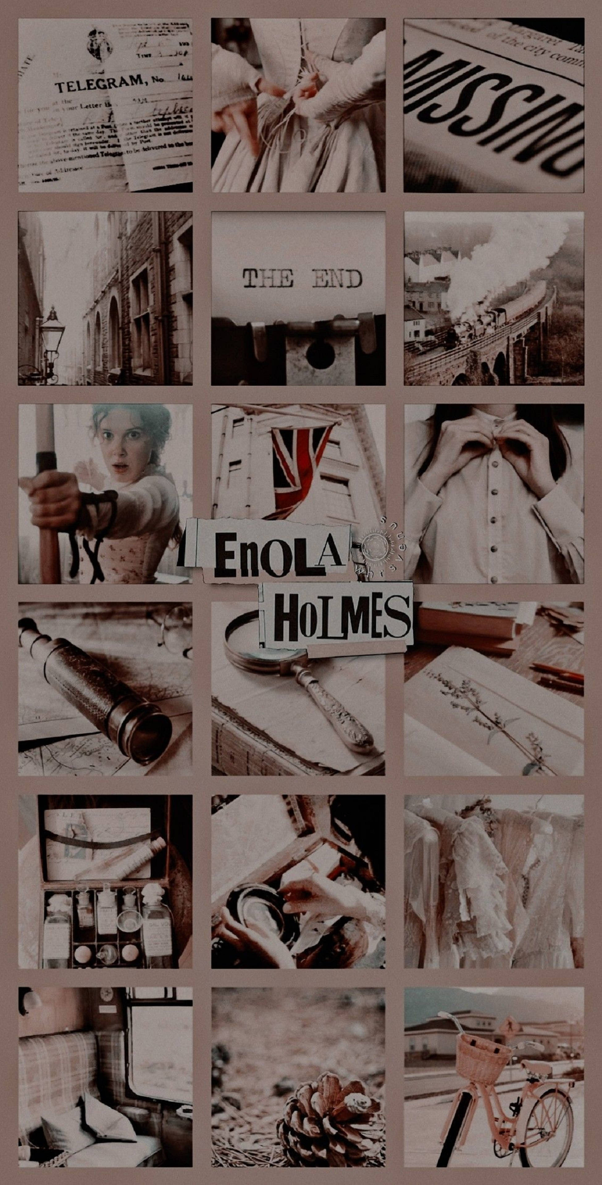 Enola Holmes 桌布 壁紙 — 以伊諾拉·福爾摩斯為主題的復古拼貼，包括電報、失蹤者海報、放大鏡和時代服裝。