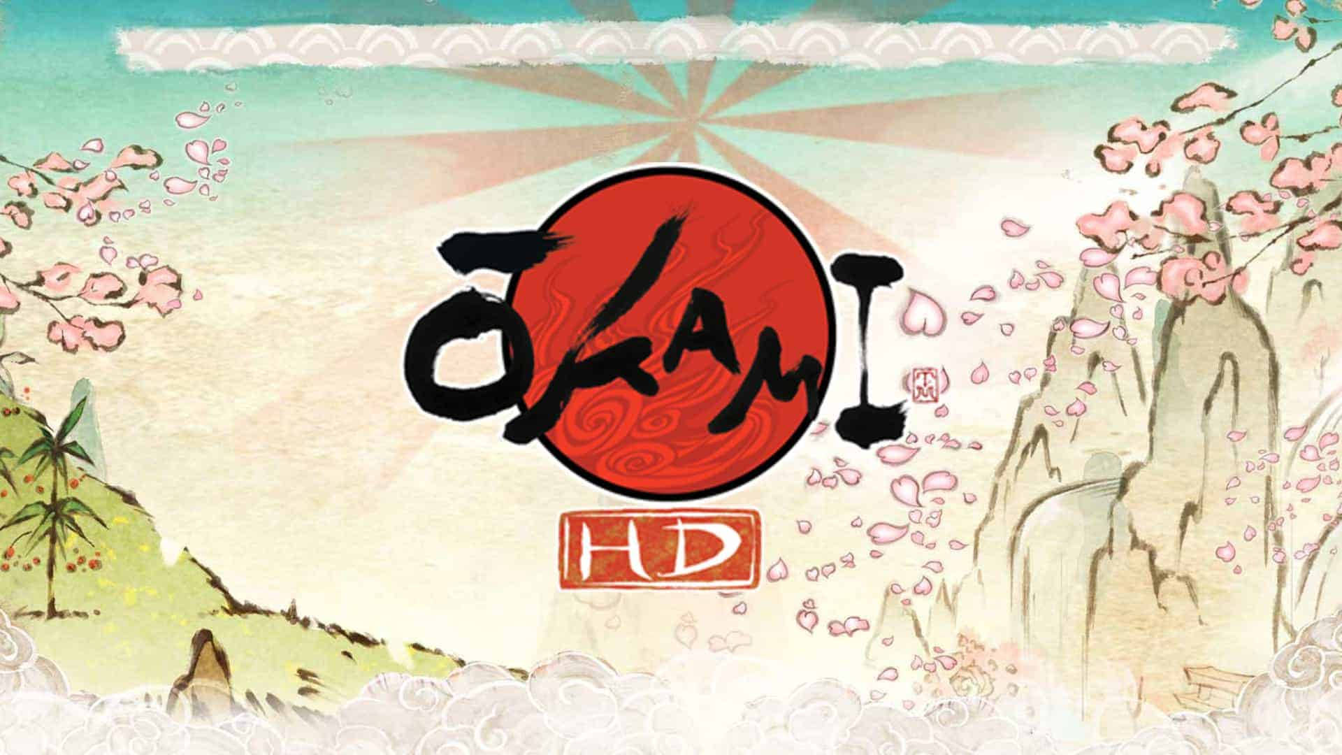 Okami 桌布 壁紙 — 以傳統日本藝術風格設計的Okami HD標誌，配有櫻花和山脈。
