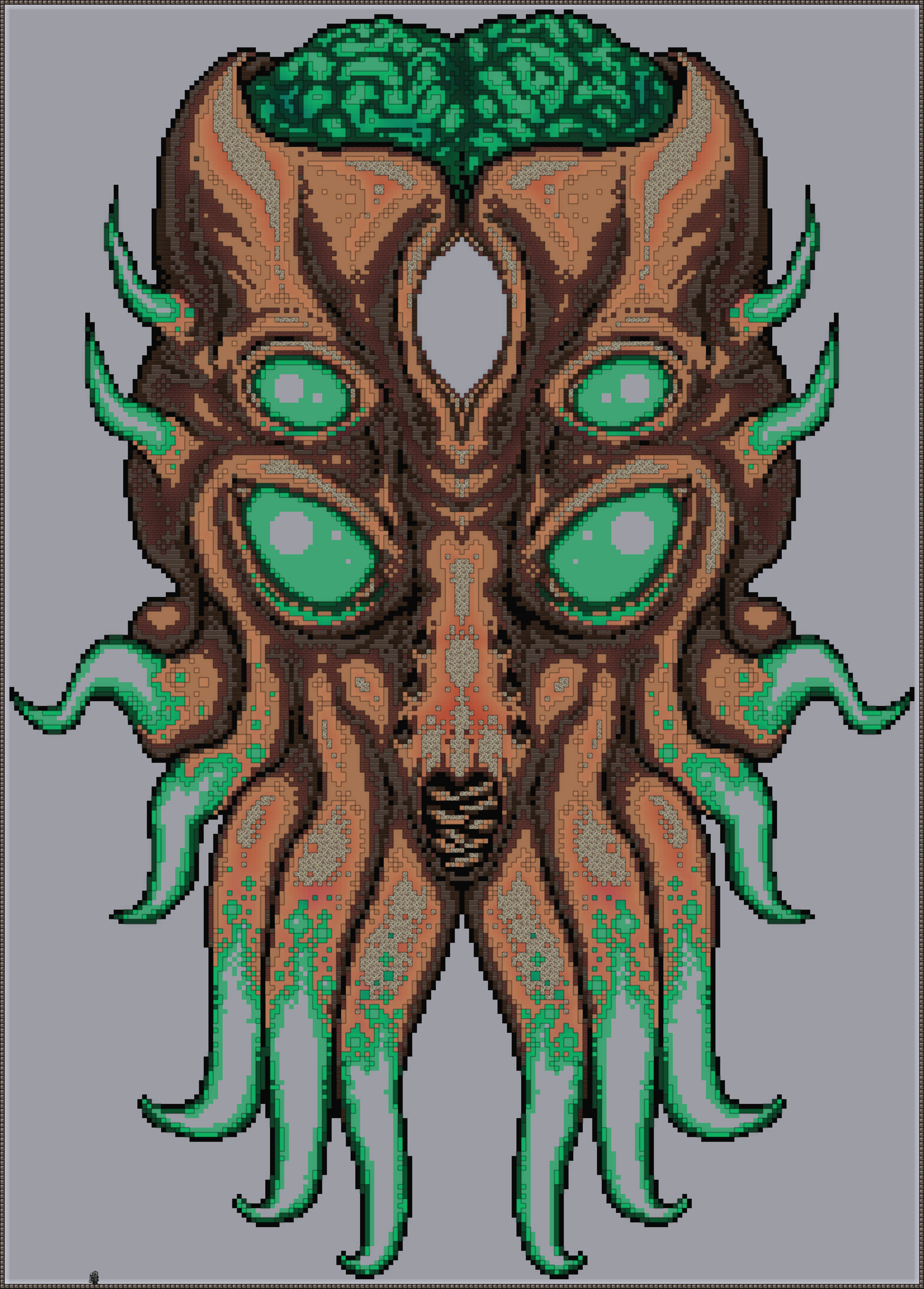 Terraria Moon Lord 桌布 壁紙 — 以像素藝術描繪一個對稱的宇宙恐怖實體，擁有發光的綠色眼睛和觸手，背景為灰色。