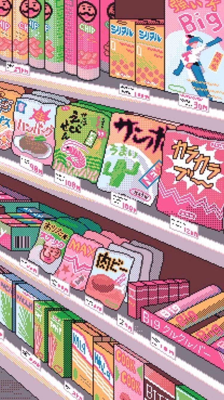 80s Anime Aesthetic 桌布 壁紙 — 以像素藝術風格打造的貨架，擺滿色彩繽紛的日本零食盒，呈現鮮豔的粉紅、綠色和橙色調。