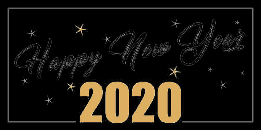 HD Text 桌布 壁紙 — 以優雅銀色字體和粗體金色數字呈現的「Happy New Year 2020」，背景為黑色，點綴閃爍星星。