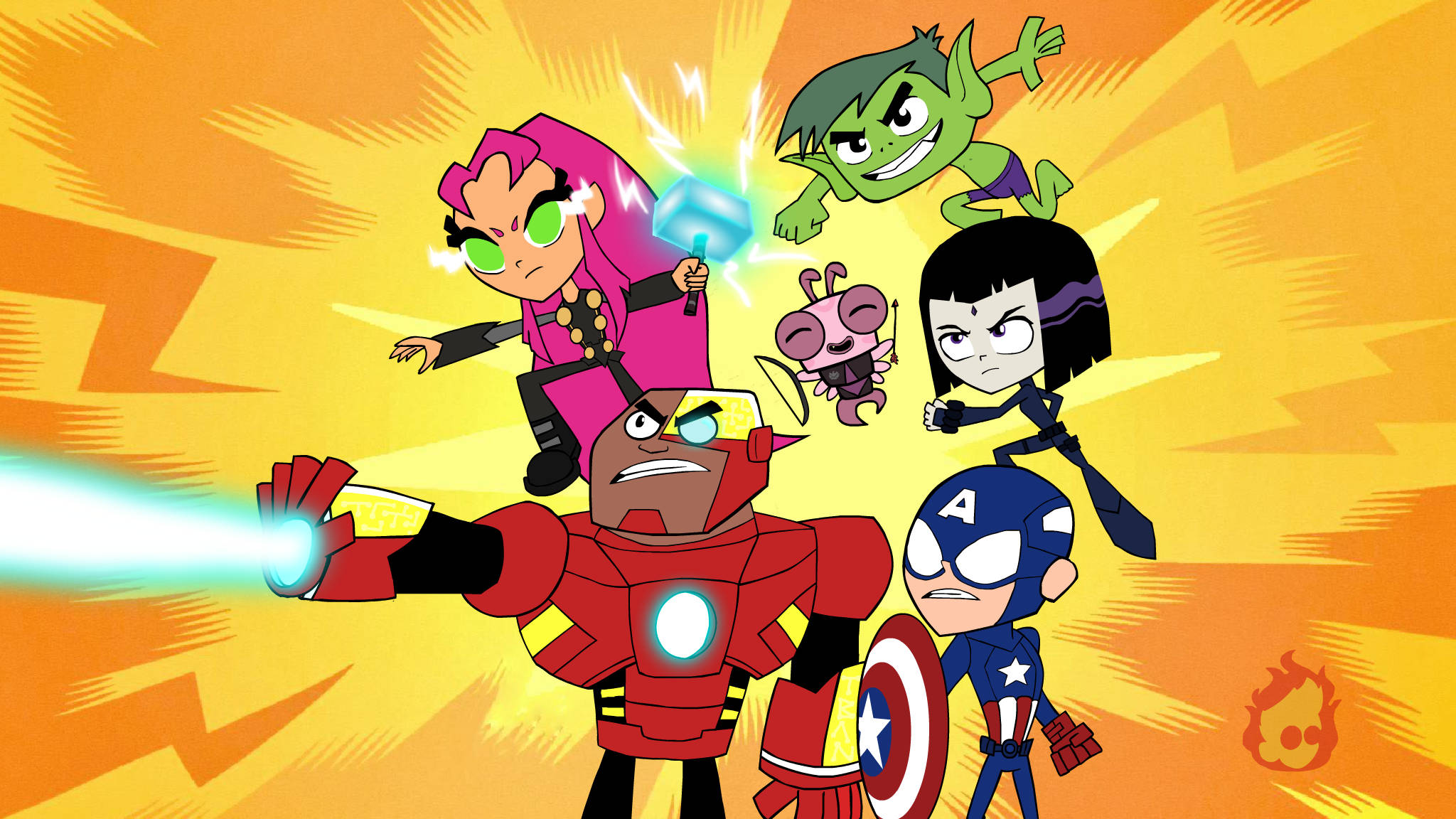 teen titans go 桌布 壁紙 — 以充滿活力的卡通風格呈現的Q版超級英雄，在熾熱的橙色背景和動態閃電效果中釋放能量。