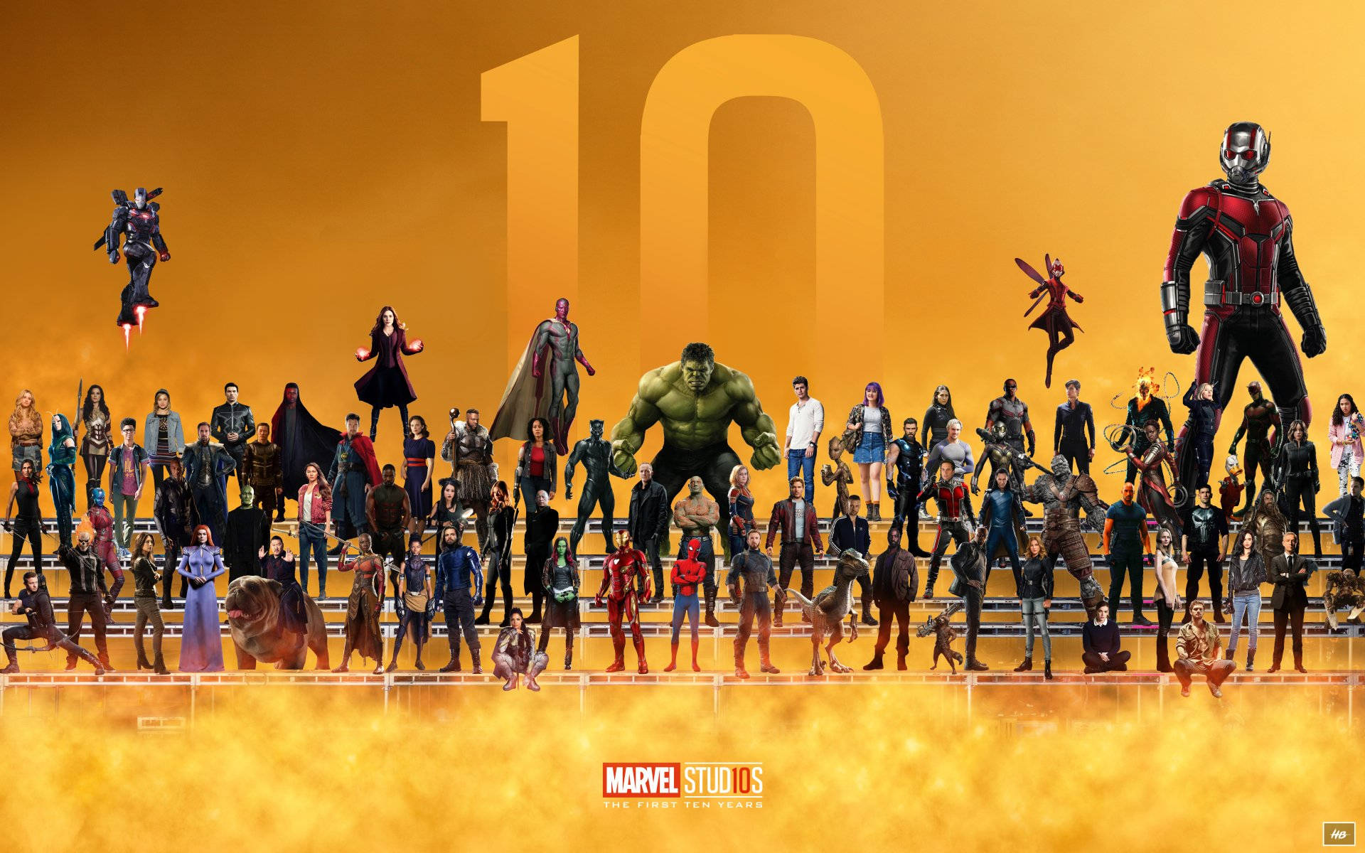 4K Marvel 壁紙 桌布 壁紙 — 以充滿活力的橙色色調慶祝Marvel Studios首個十年，標誌性的超級英雄和反派在發光的「10」背景前戲劇性地擺出姿勢。