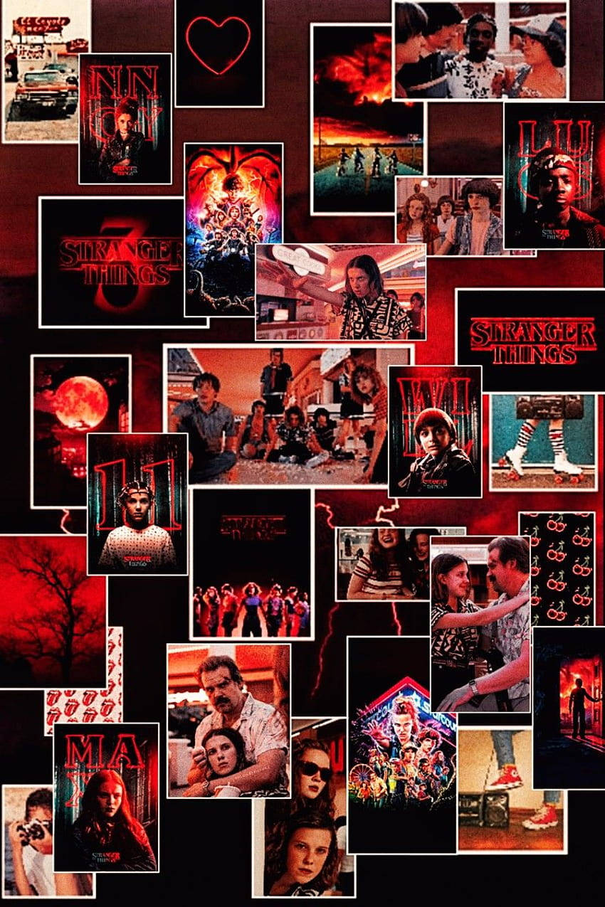 Stranger Things Aesthetic 桌布 壁紙 — 以動態網格佈局呈現的《怪奇物語》場景和角色的鮮豔紅色調拼貼畫。