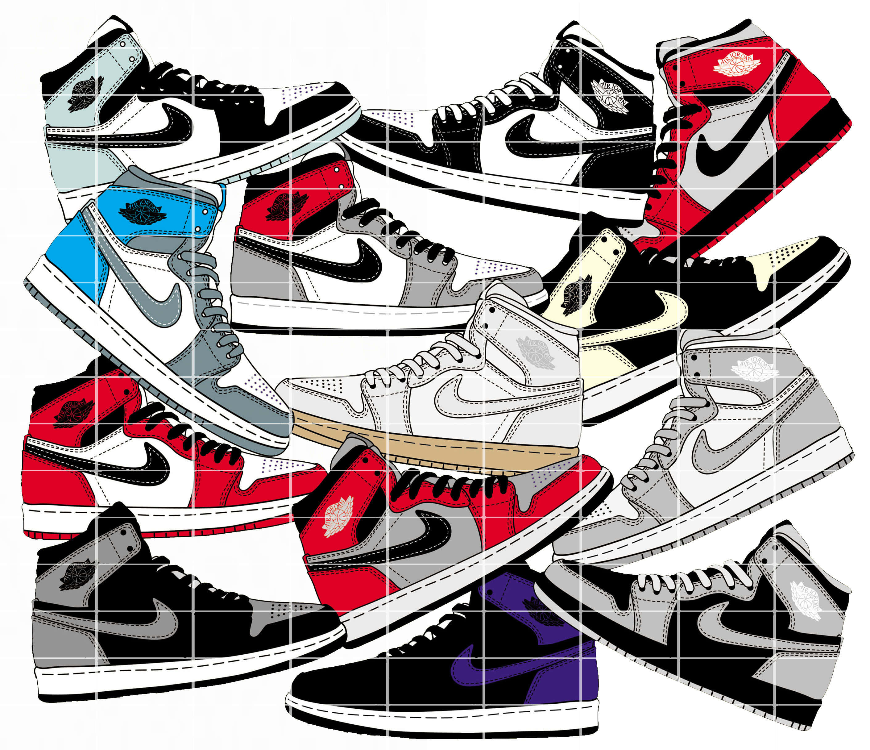 Sneaker 桌布 壁紙 — 以動態網格圖案排列的標誌性 Air Jordan 運動鞋的鮮豔拼貼畫，帶有大膽的色塊。