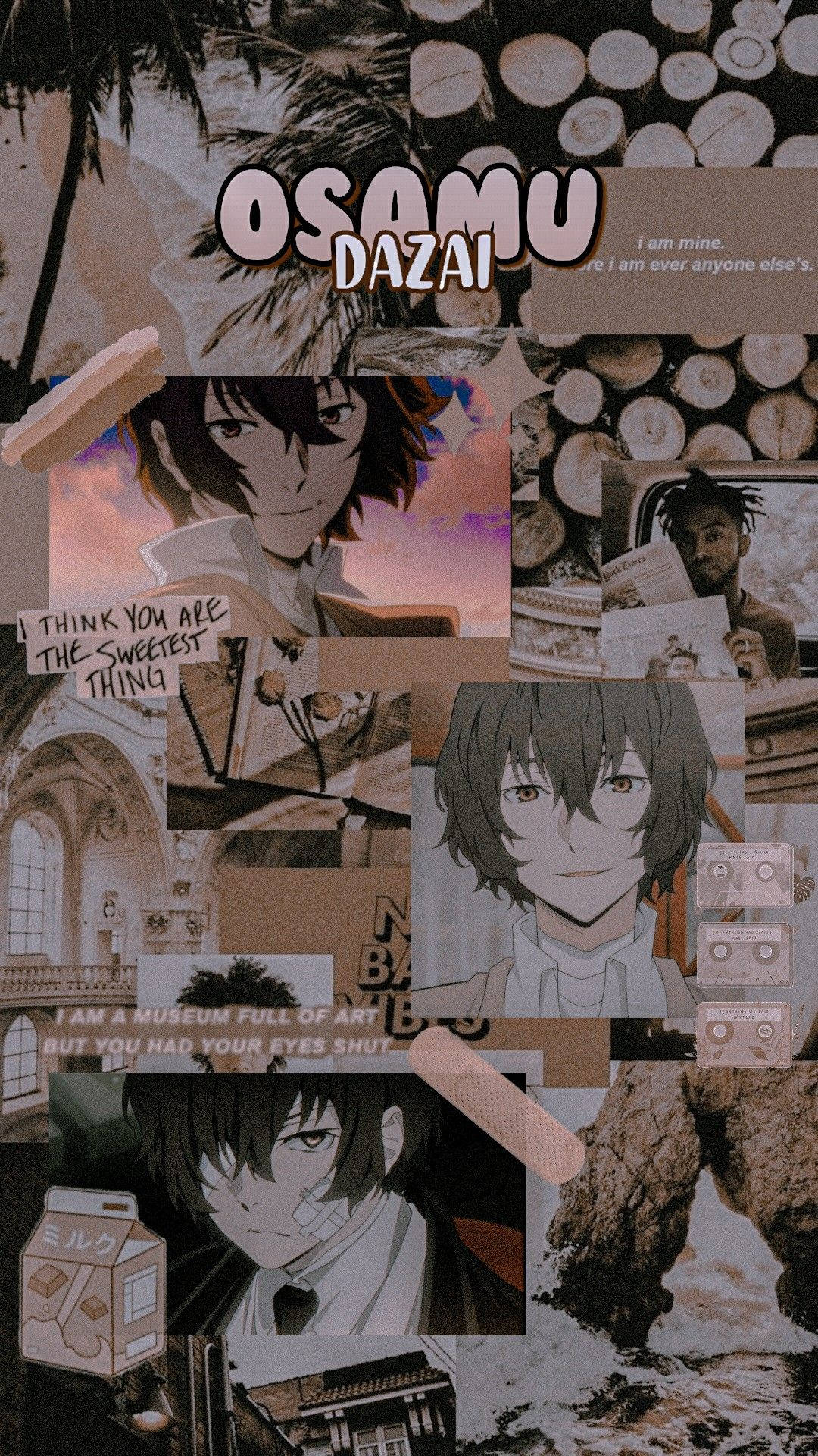 Dazai 桌布 壁紙 — 以動漫角色太宰治為主題的拼貼桌布，包含文字語錄和復古照片，色調柔和。
