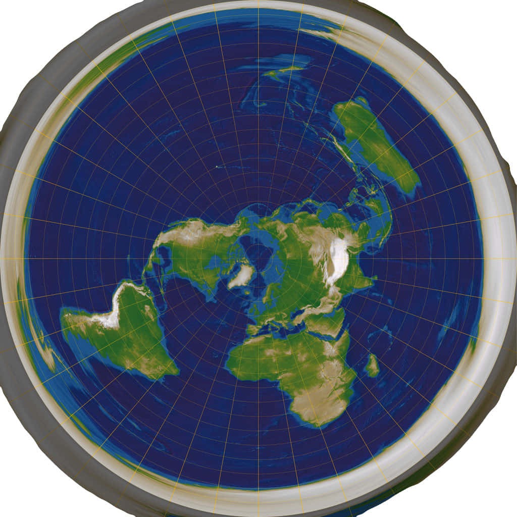 Flat Earth 桌布 壁紙 — 以北極為中心的圓形世界地圖投影，大陸為綠色，海洋為藍色，並覆蓋網格。