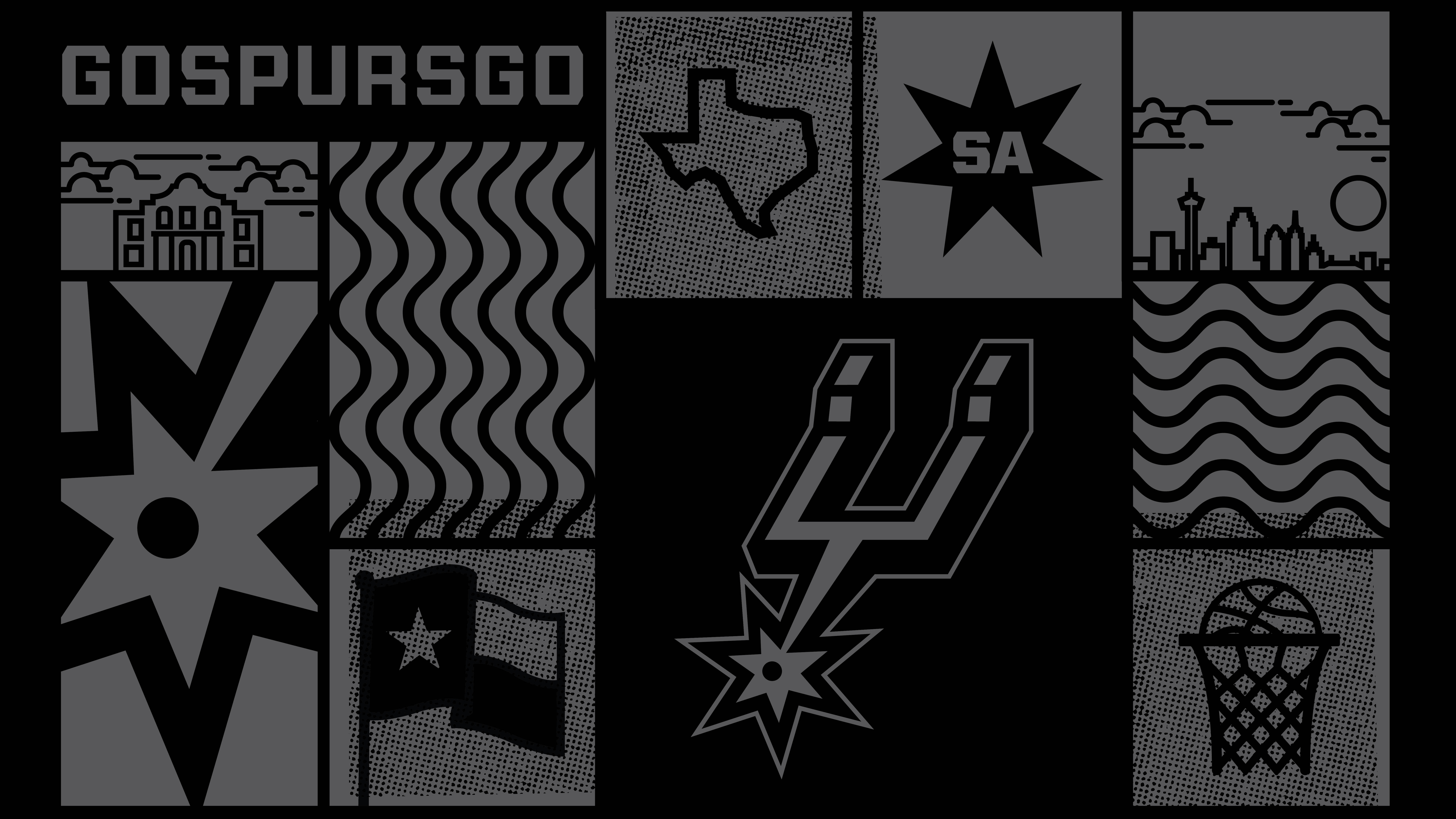 Spurs 桌布 壁紙 — 以半色調風格呈現聖安東尼奧馬刺籃球圖標和德克薩斯地標的單色圖形拼貼。