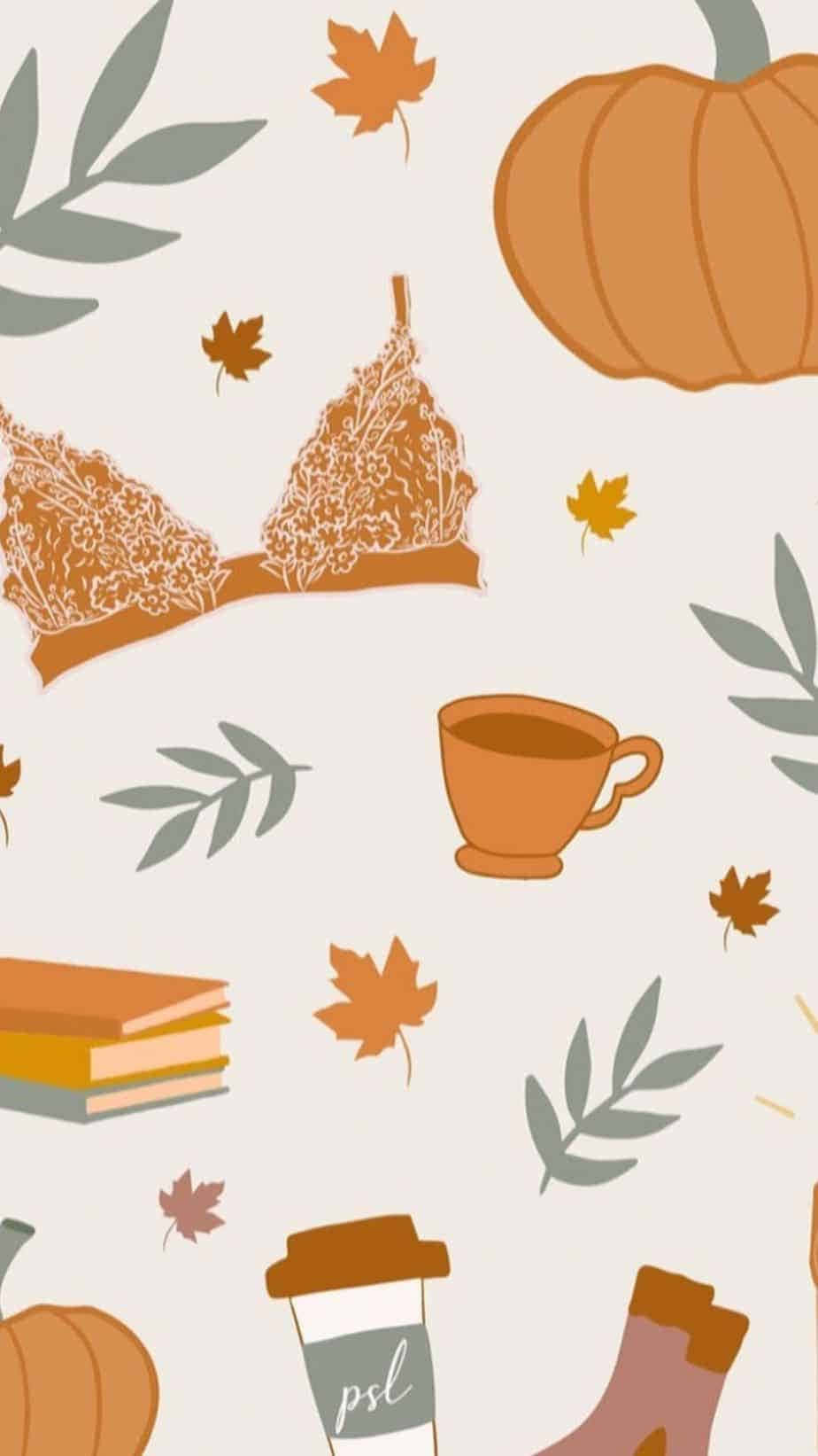 Cute Autumn iPhone 桌布 壁紙 — 以南瓜、樹葉、書籍和咖啡杯為主題的秋季風格壁紙，採用溫暖的橙色和柔和綠色色調。