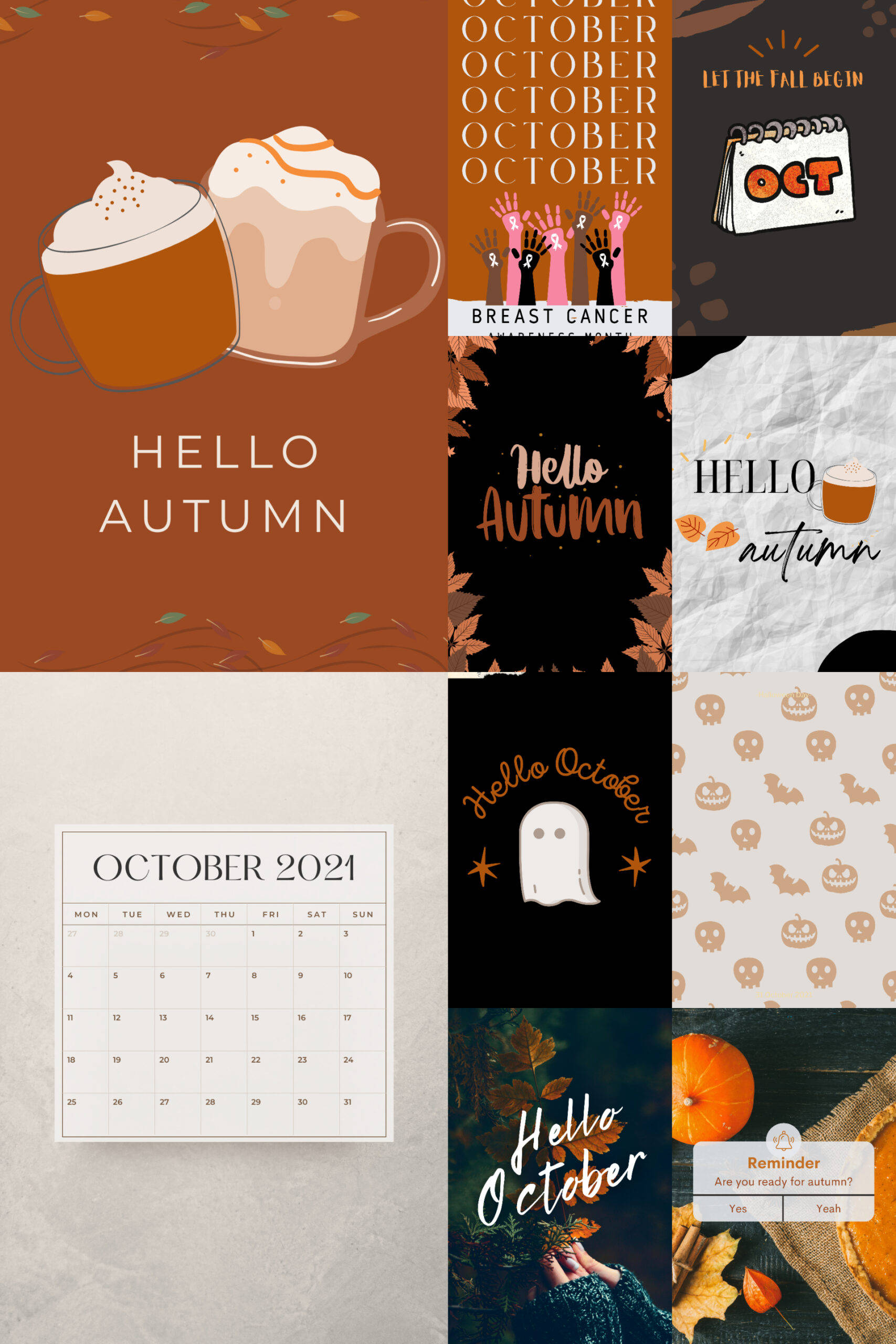 Cute October 桌布 壁紙 — 以南瓜、熱飲、日曆和季節性圖案為主題的秋季風格桌布拼貼，採用溫暖的大地色調。