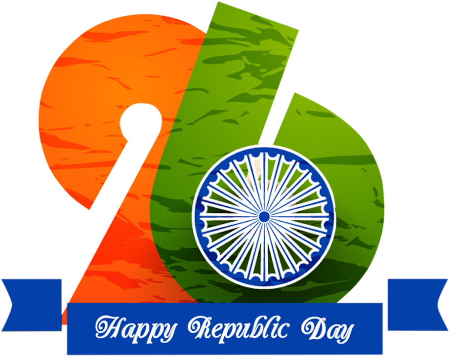 Republic Day 桌布 壁紙 — 以印度國旗顏色設計的數字66大膽圖形，黑色背景中央有阿育王法輪。