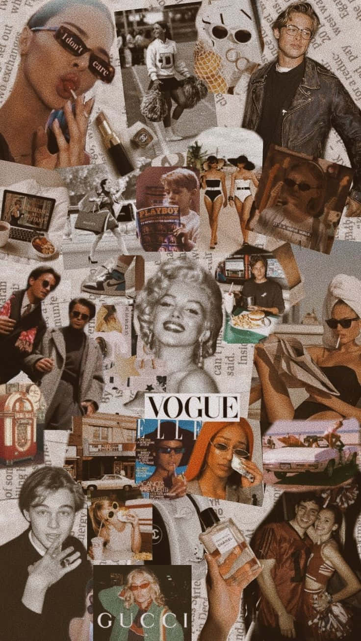 Vintage Collage 桌布 壁紙 — 以名人照片、時尚雜誌和復古圖標層疊而成的復古風格拼貼畫，搭配文字和柔和色調。