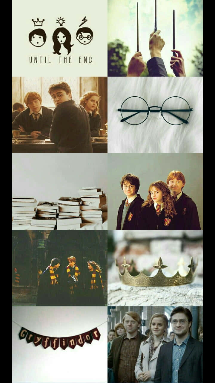 Gryffindor Aesthetic 桌布 壁紙 — 以哈利波特為主題的圖片拼貼，包含角色、魔杖、書籍和葛萊芬多標誌，色調溫暖。