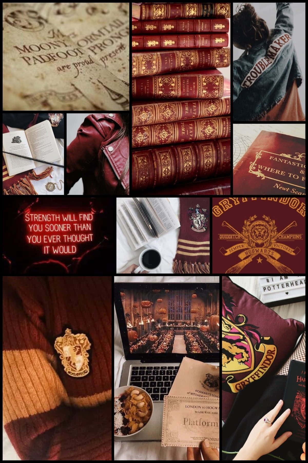 Gryffindor Aesthetic 桌布 壁紙 — 以哈利波特為主題的物品拼貼，包括書籍、長袍、圍巾和紀念品，採用豐富的栗色和金色色調。