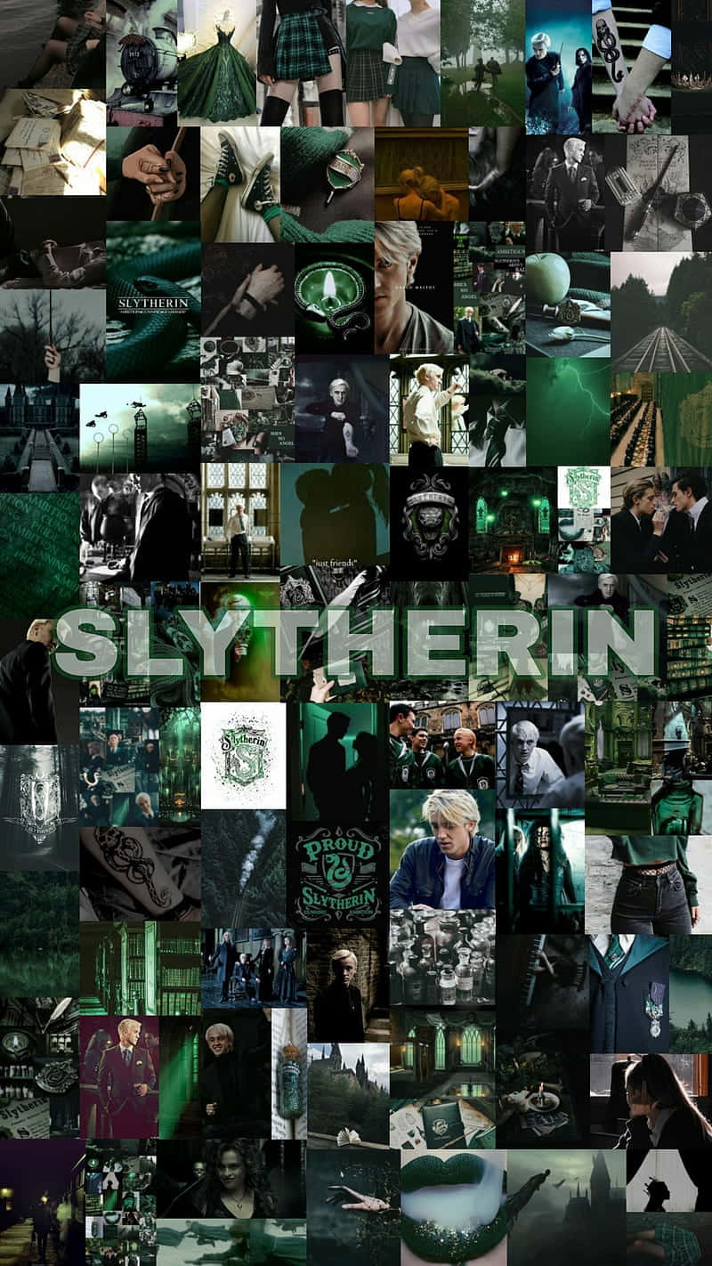 Cute Slytherin 桌布 壁紙 — 以哈利波特角色、場景和象徵慶祝史萊哲林學院的深綠色主題拼貼畫。