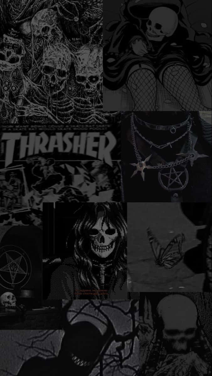 Cute Gothic 桌布 壁紙 — 以單色呈現的黑暗拼貼畫，包含骷髏頭、五角星和 Thrasher 雜誌圖像，帶有粗糙質感。