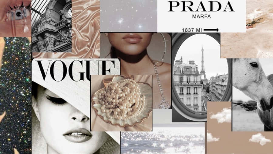 Prada 桌布 壁紙 — 以單色和暖色調呈現的時尚雜誌封面、奢華配飾和標誌性巴黎景觀的迷人拼貼畫。