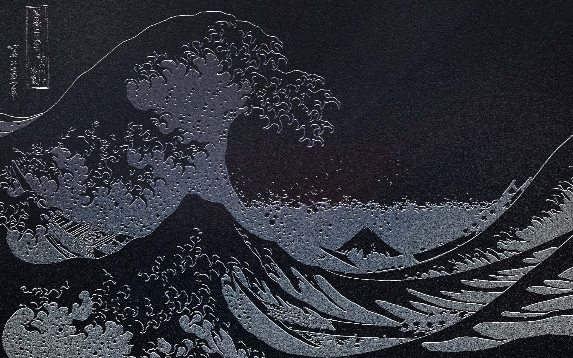 Japanese Aesthetic Black 桌布 壁紙 — 以單色在紋理深色皮革上觸感壓印的葛飾北齋《富嶽三十六景 神奈川沖浪裏》。